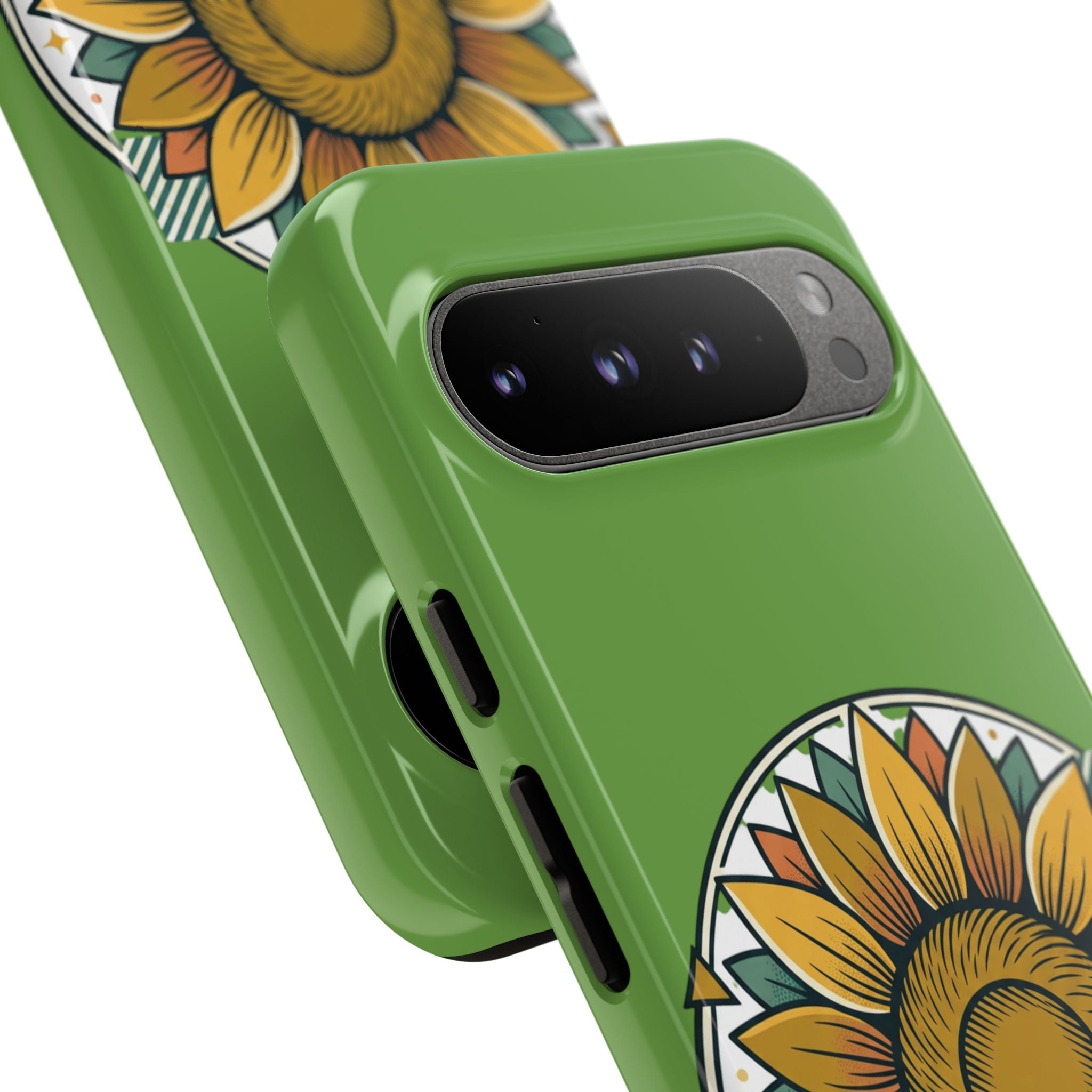 Sunflower Tough Phone Case – Green Floral Protective Case with "AllAbout80s.com" Banner