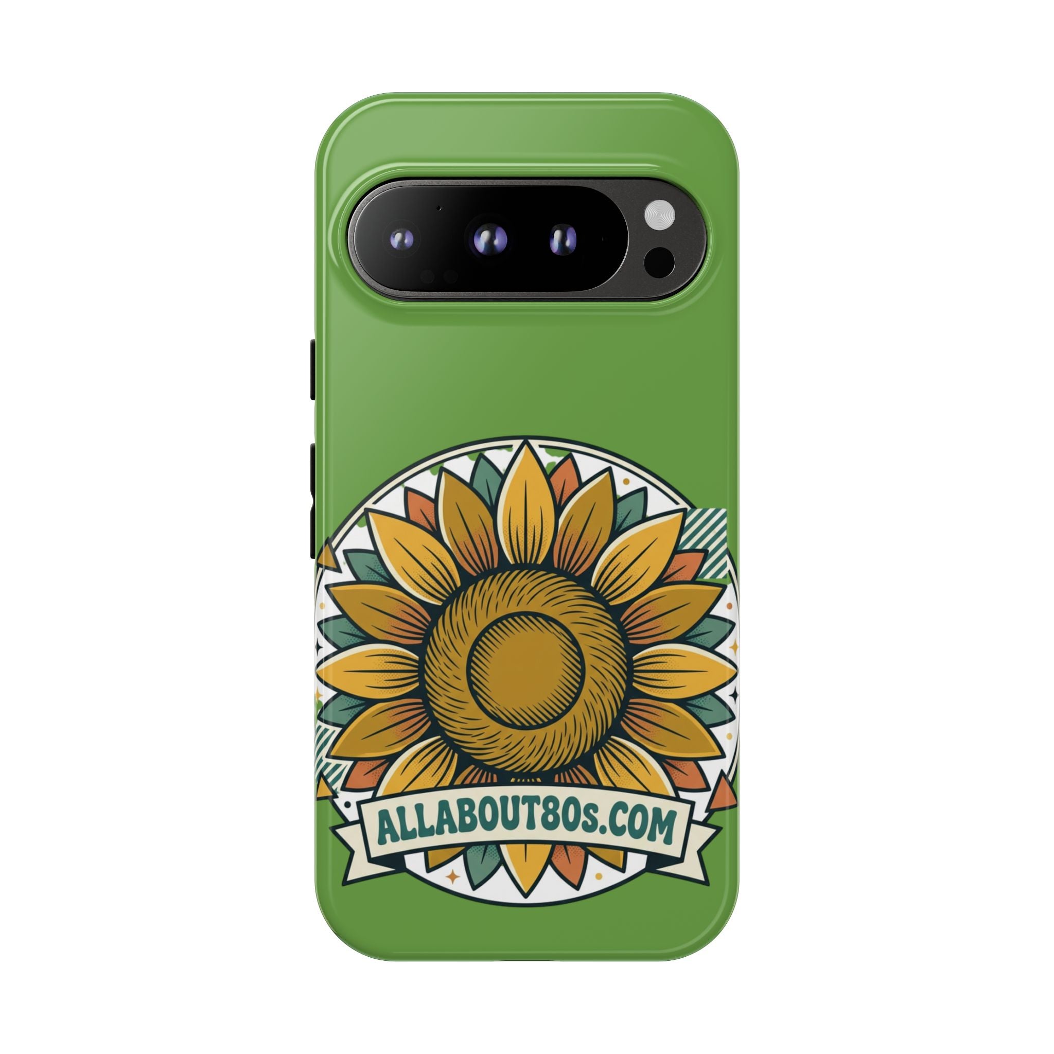 Sunflower Tough Phone Case – Green Floral Protective Case with "AllAbout80s.com" Banner