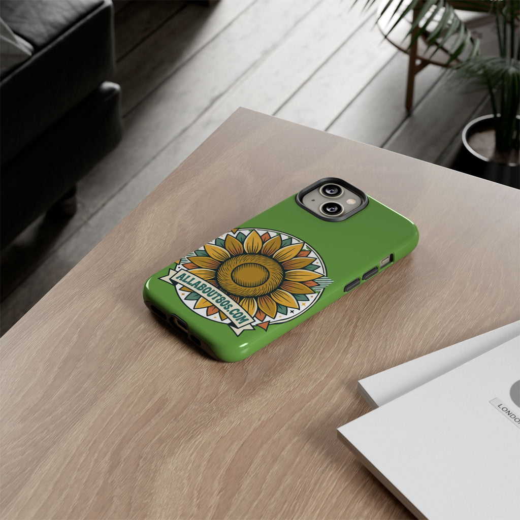 Sunflower Tough Phone Case – Green Floral Protective Case with "AllAbout80s.com" Banner