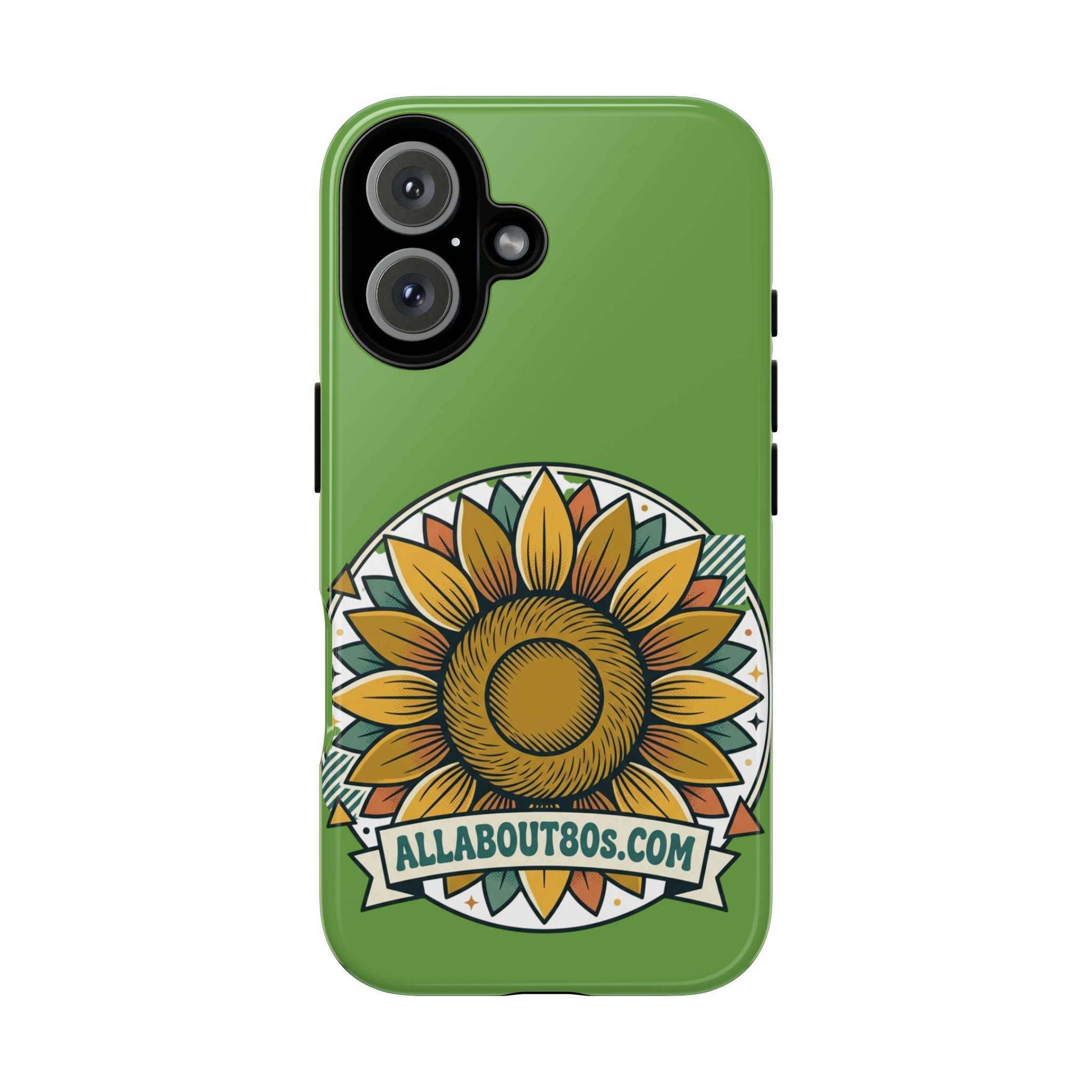 Sunflower Tough Phone Case – Green Floral Protective Case with "AllAbout80s.com" Banner