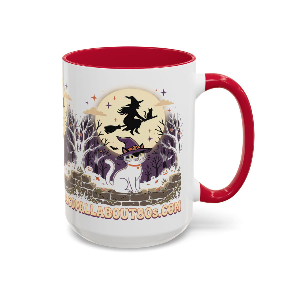 Halloween Cat Witch Mug – Cute Witch Hat Cat with Flying Witch Silhouette (11oz/15oz)