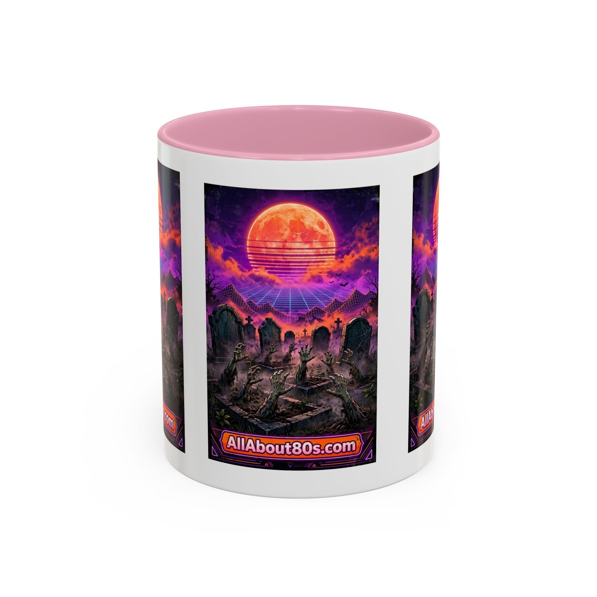 80s Retro Graveyard Sunset Mug — Vaporwave Neon Coffins Coffee Cup (11oz/15oz)