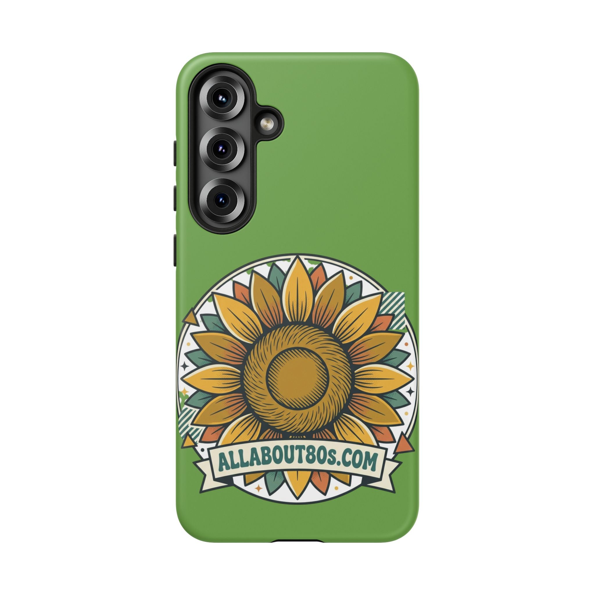 Sunflower Tough Phone Case – Green Floral Protective Case with "AllAbout80s.com" Banner