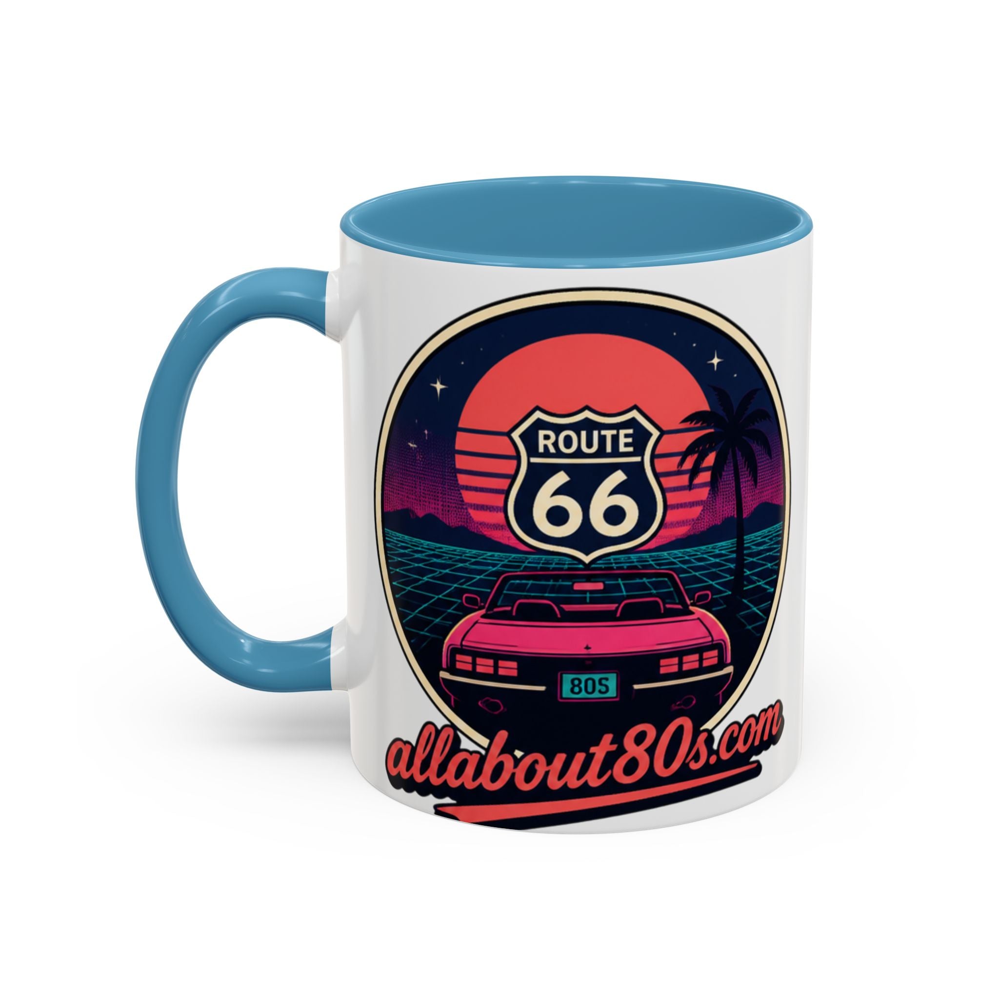 Route 66 Retro 80s Accent Coffee Mug — 'allabout80s' Vintage Sunset Design (11/15oz)