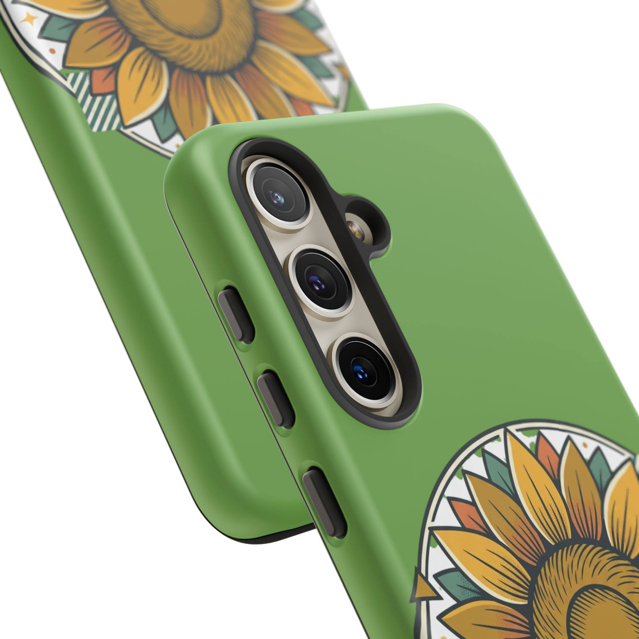 Sunflower Tough Phone Case – Green Floral Protective Case with "AllAbout80s.com" Banner
