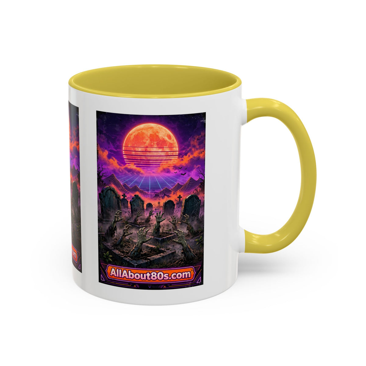 80s Retro Graveyard Sunset Mug — Vaporwave Neon Coffins Coffee Cup (11oz/15oz)