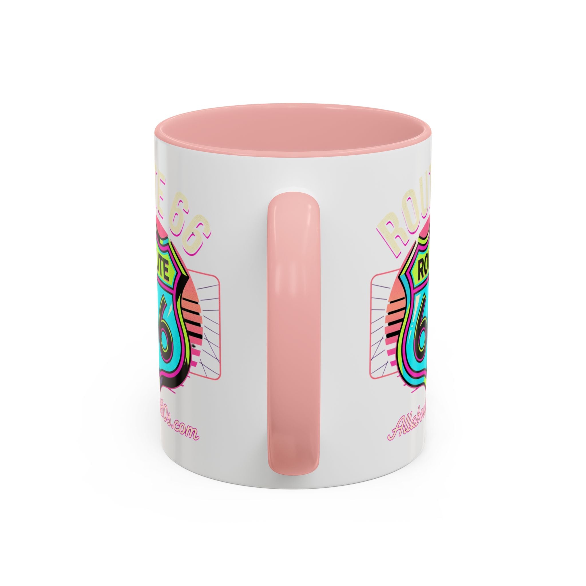 Route 66 Neon Shield Accent Coffee Mug — Retro Road Trip Travel Gift (11/15 oz)
