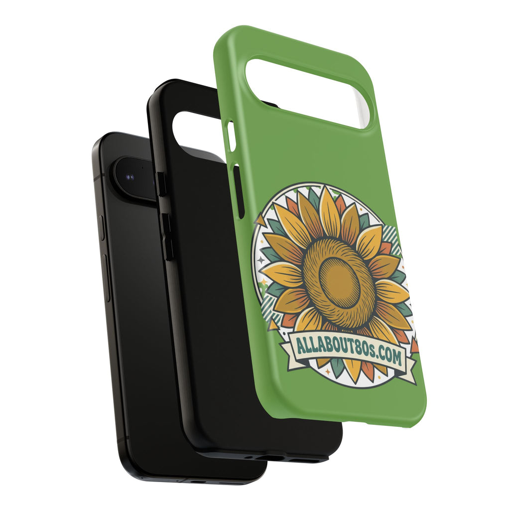 Sunflower Tough Phone Case – Green Floral Protective Case with "AllAbout80s.com" Banner