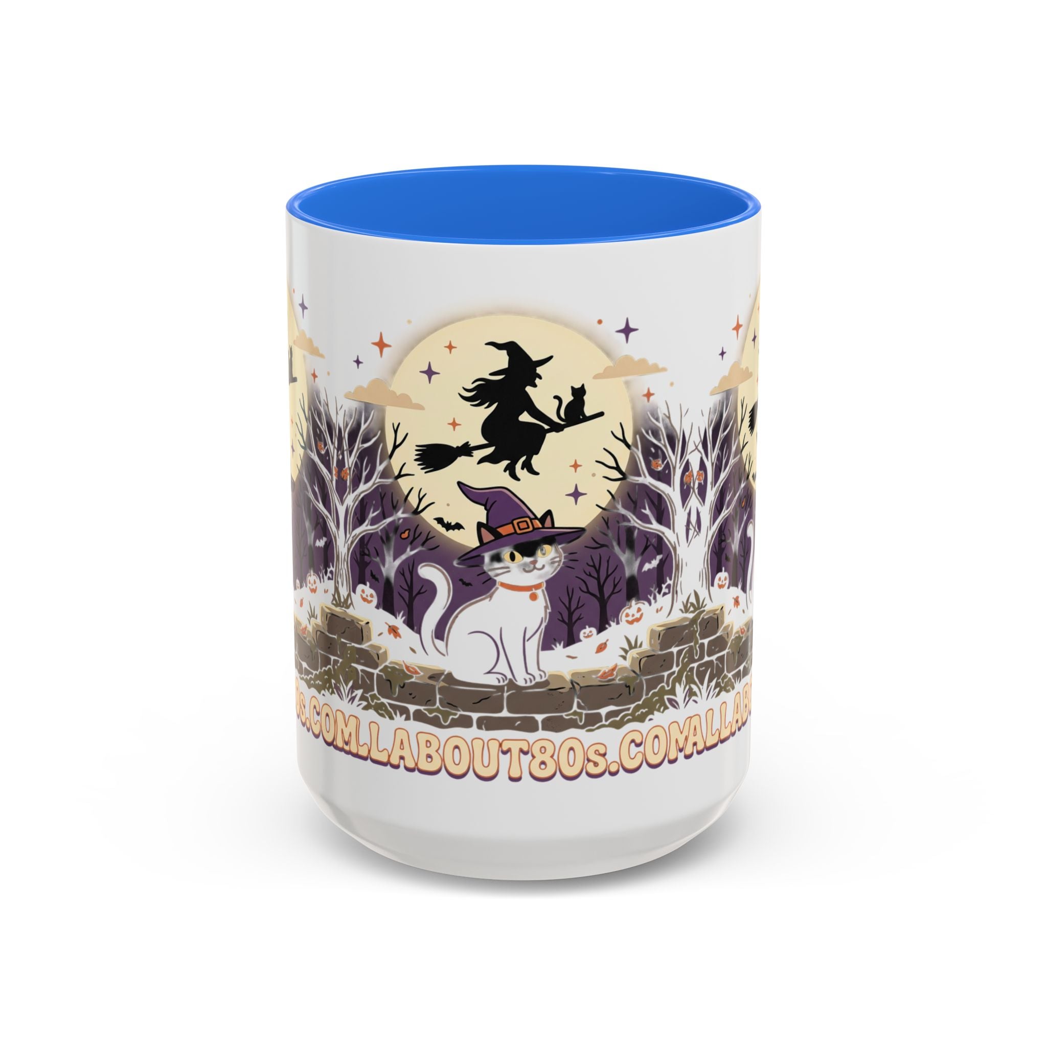 Halloween Cat Witch Mug – Cute Witch Hat Cat with Flying Witch Silhouette (11oz/15oz)