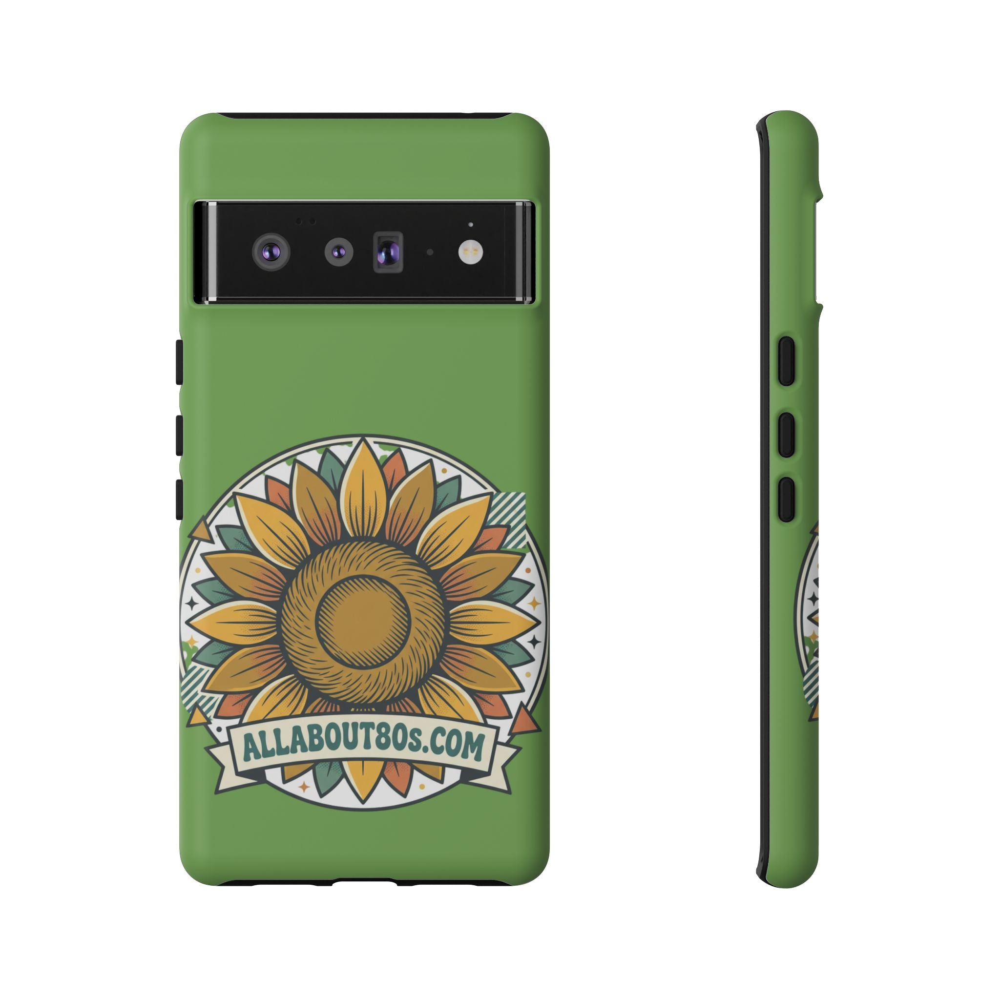 Sunflower Tough Phone Case – Green Floral Protective Case with "AllAbout80s.com" Banner