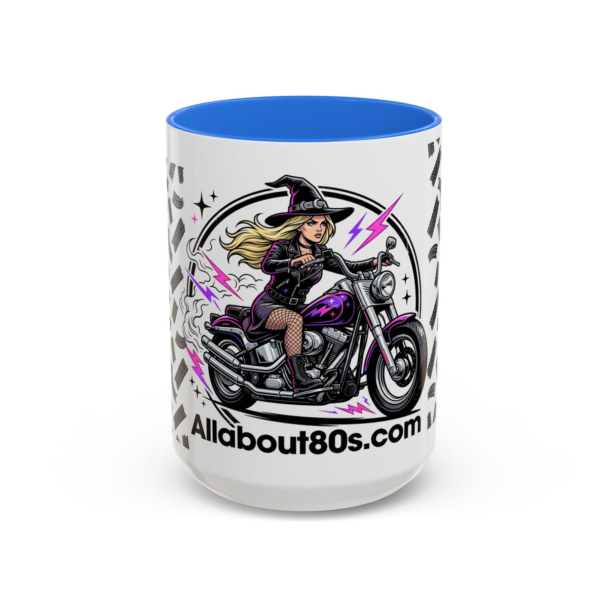 Witch Biker Motorcycle Mug — Retro 80s Neon Witch on Bike Coffee Cup (11oz/15oz)