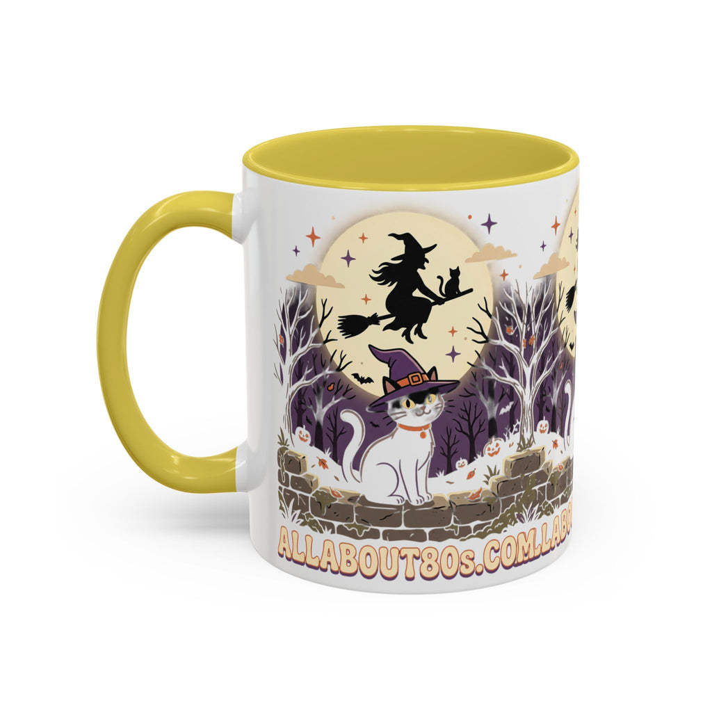 Halloween Cat Witch Mug – Cute Witch Hat Cat with Flying Witch Silhouette (11oz/15oz)