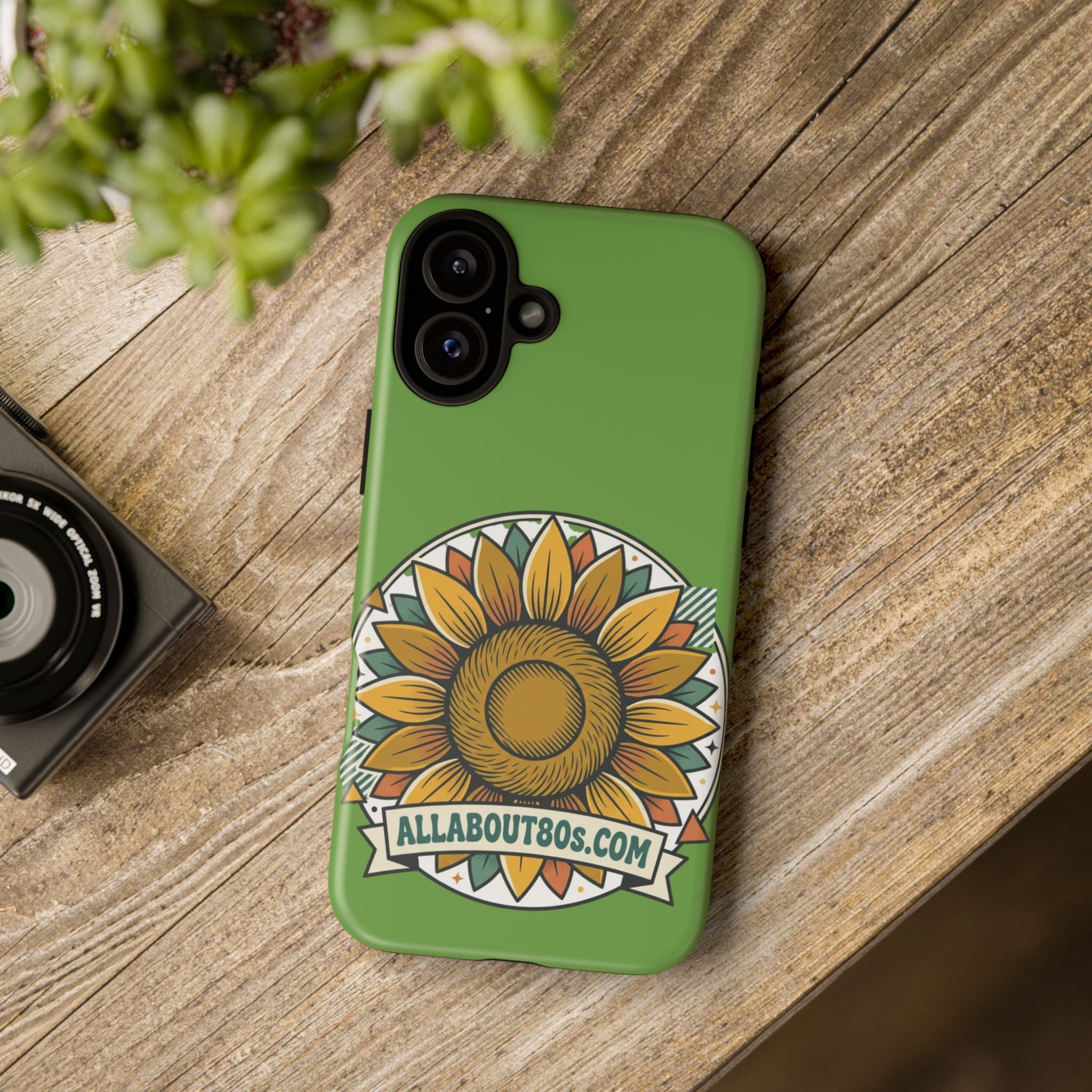 Sunflower Tough Phone Case – Green Floral Protective Case with "AllAbout80s.com" Banner
