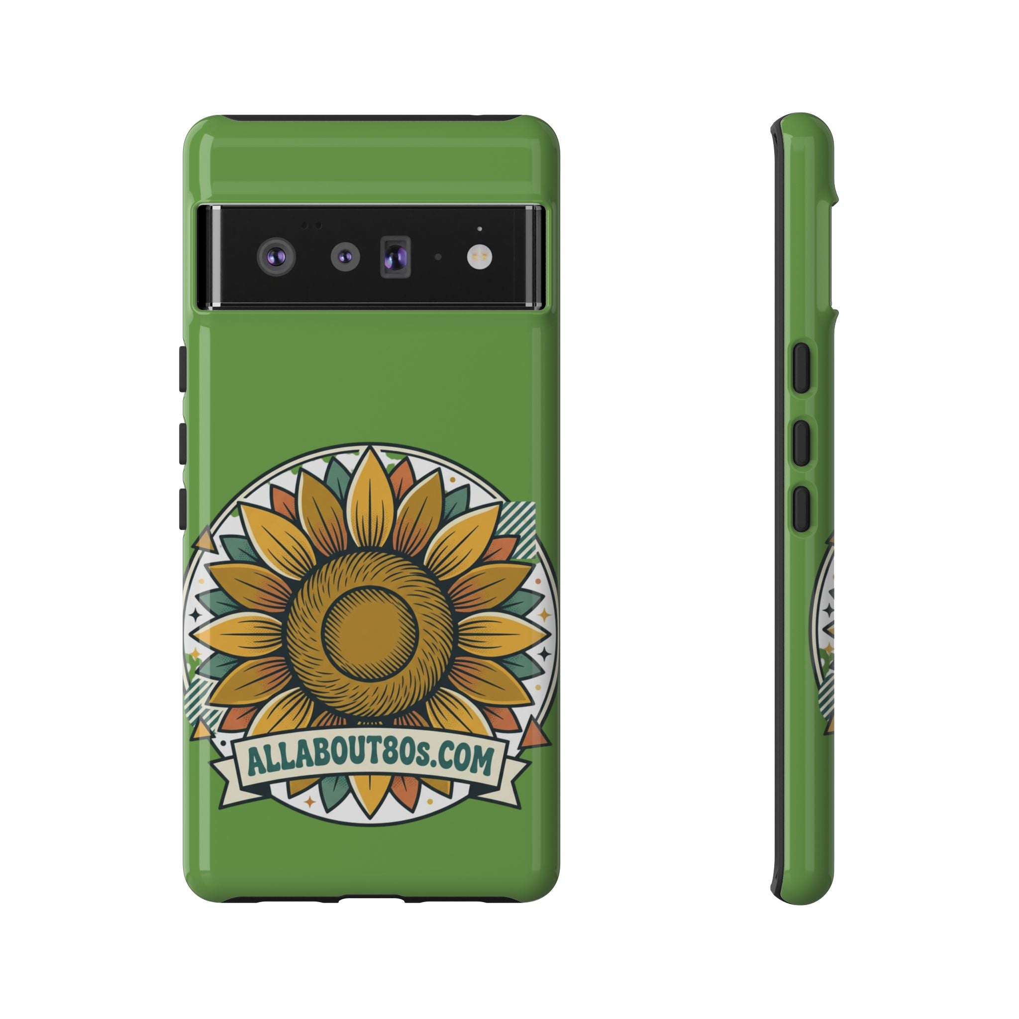 Sunflower Tough Phone Case – Green Floral Protective Case with "AllAbout80s.com" Banner