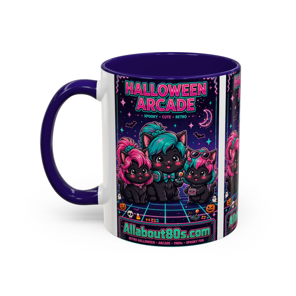 Halloween Arcade Mug — Cute Retro 80s Cat Gamers (11oz/15oz)