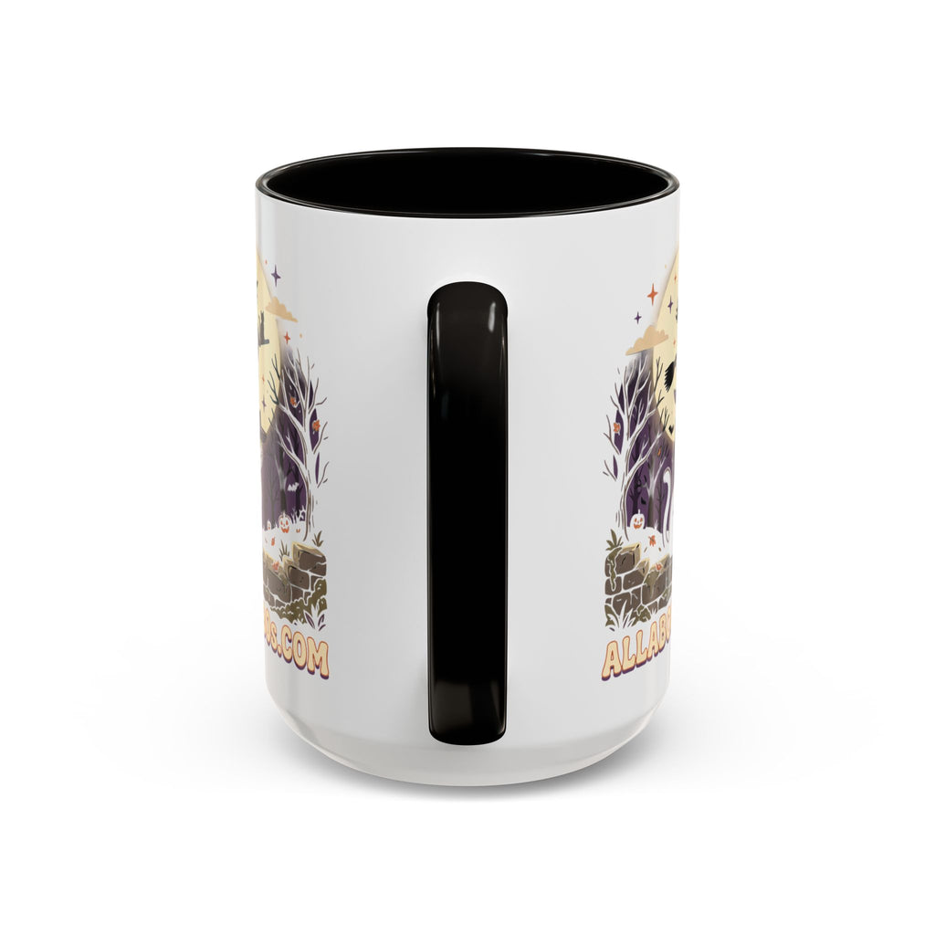 Halloween Cat Witch Mug – Cute Witch Hat Cat with Flying Witch Silhouette (11oz/15oz)