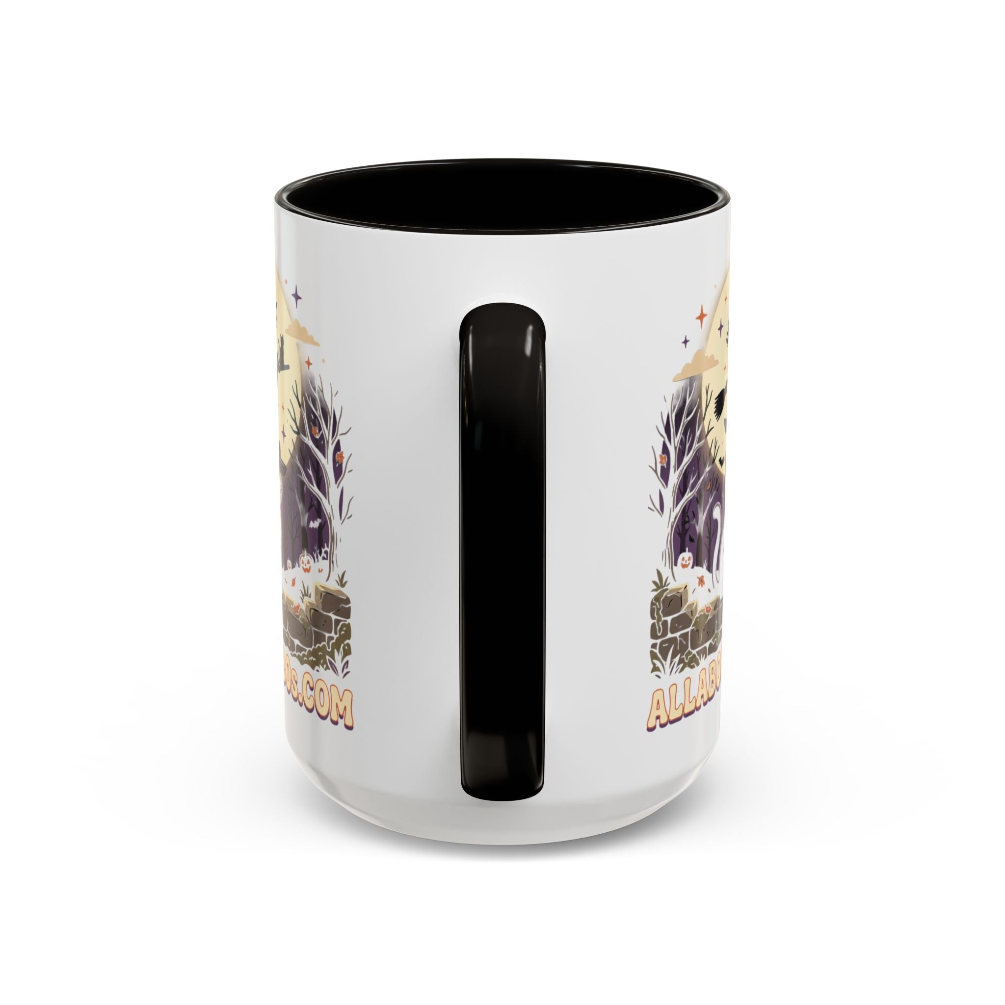 Halloween Cat Witch Mug – Cute Witch Hat Cat with Flying Witch Silhouette (11oz/15oz)