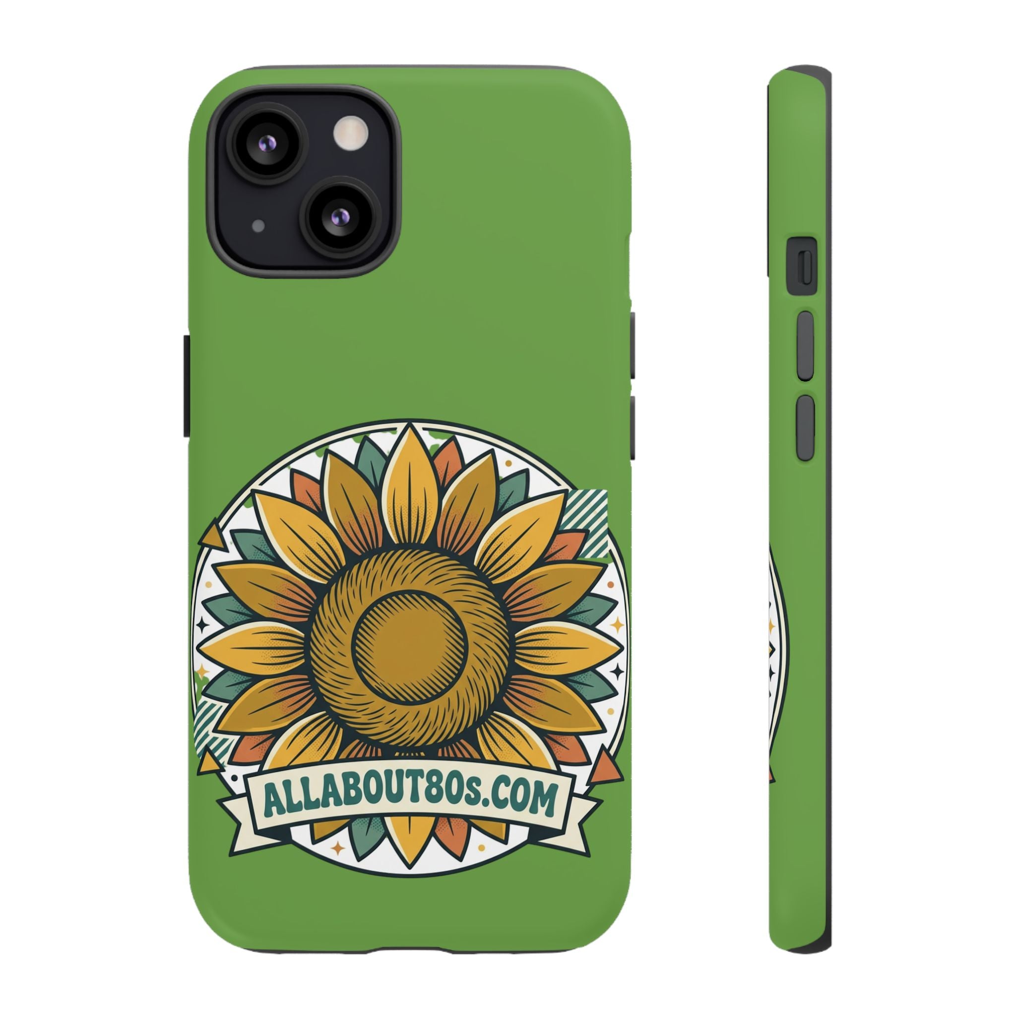 Sunflower Tough Phone Case – Green Floral Protective Case with "AllAbout80s.com" Banner