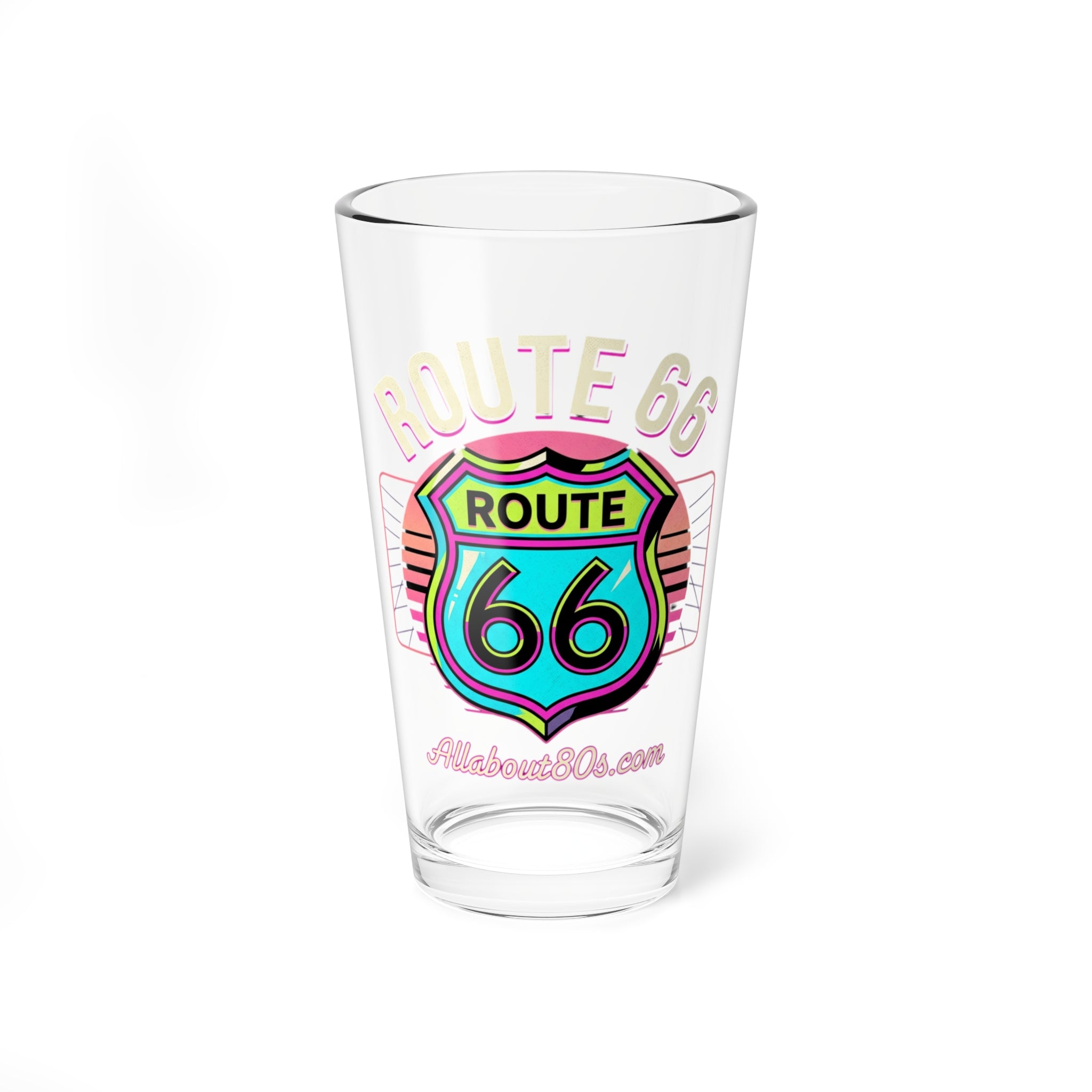 Route 66 Neon Shield Mixing Glass — 16 oz Retro Travel Cocktail Glass