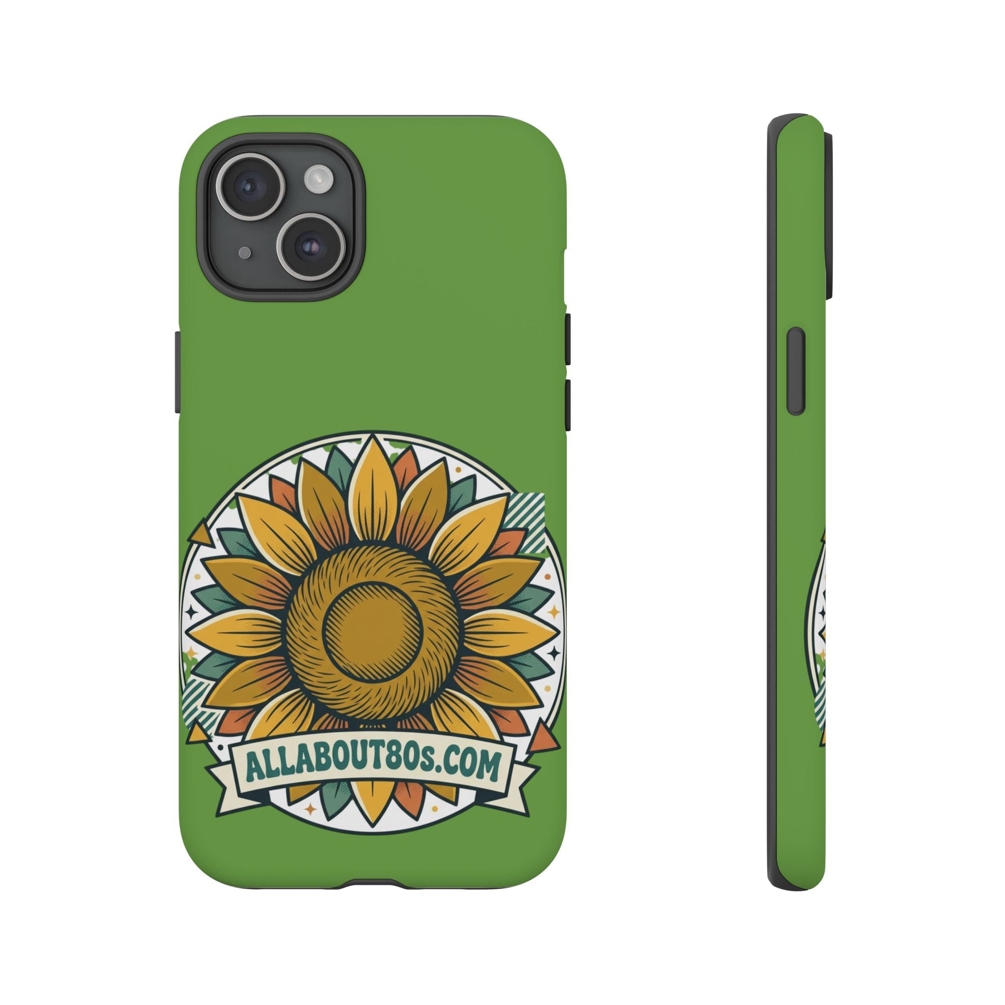 Sunflower Tough Phone Case – Green Floral Protective Case with "AllAbout80s.com" Banner