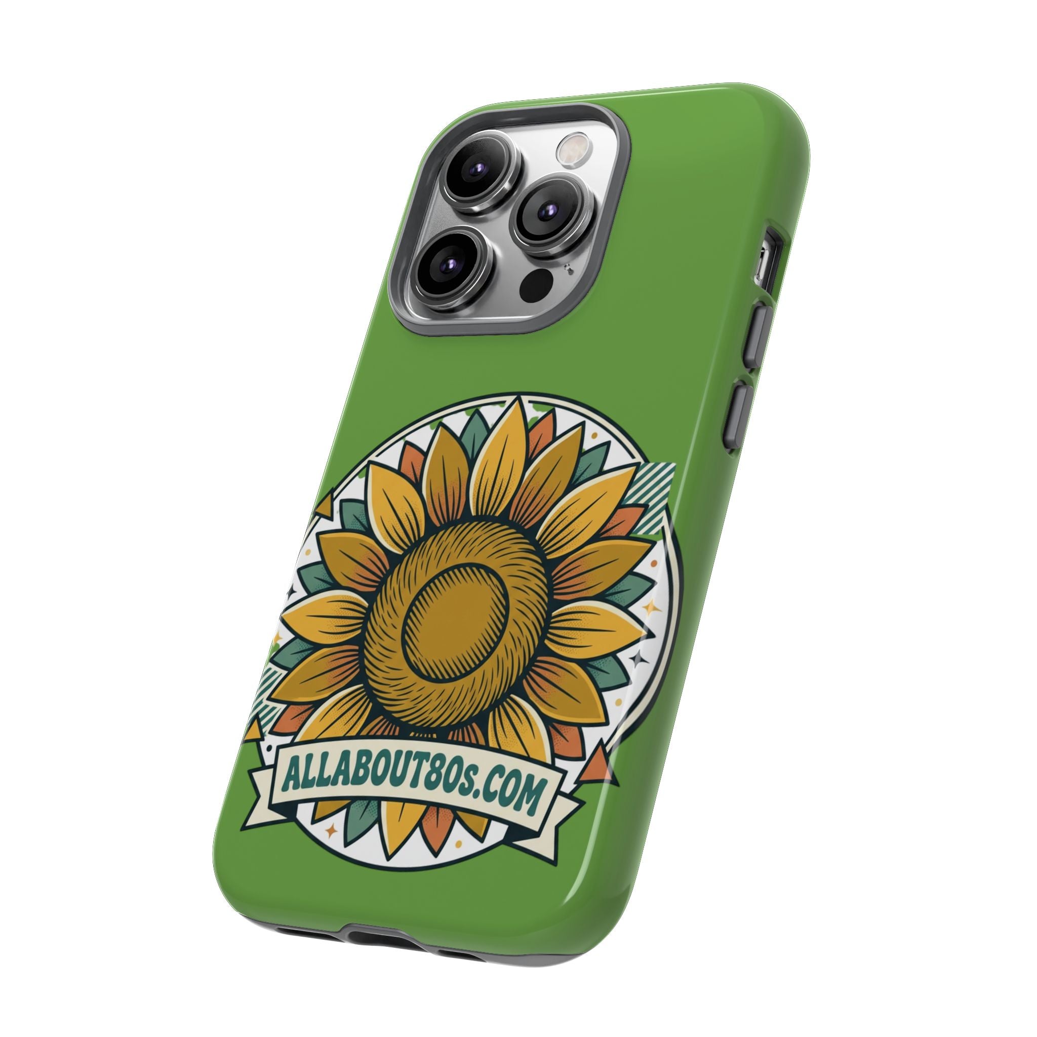 Sunflower Tough Phone Case – Green Floral Protective Case with "AllAbout80s.com" Banner