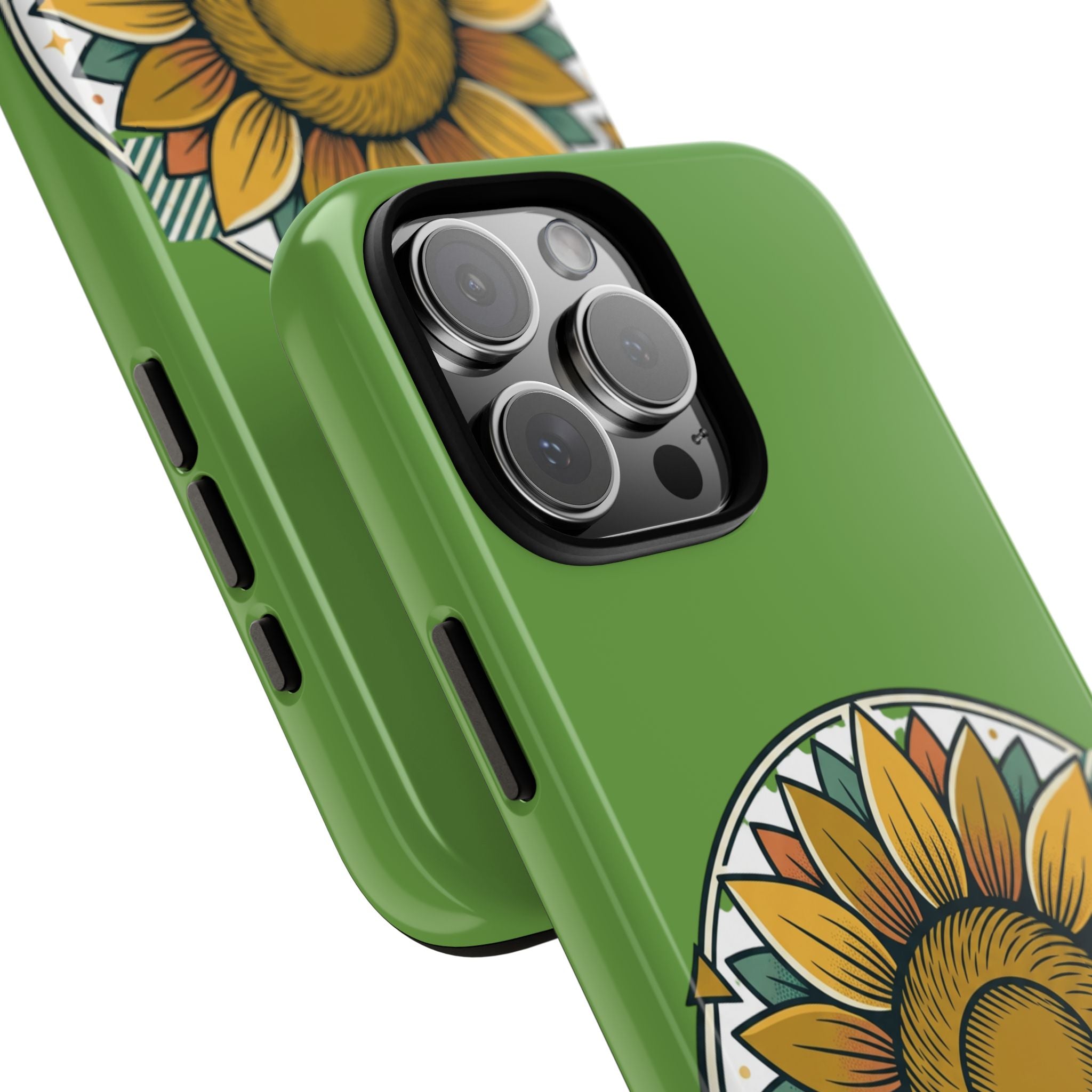 Sunflower Tough Phone Case – Green Floral Protective Case with "AllAbout80s.com" Banner