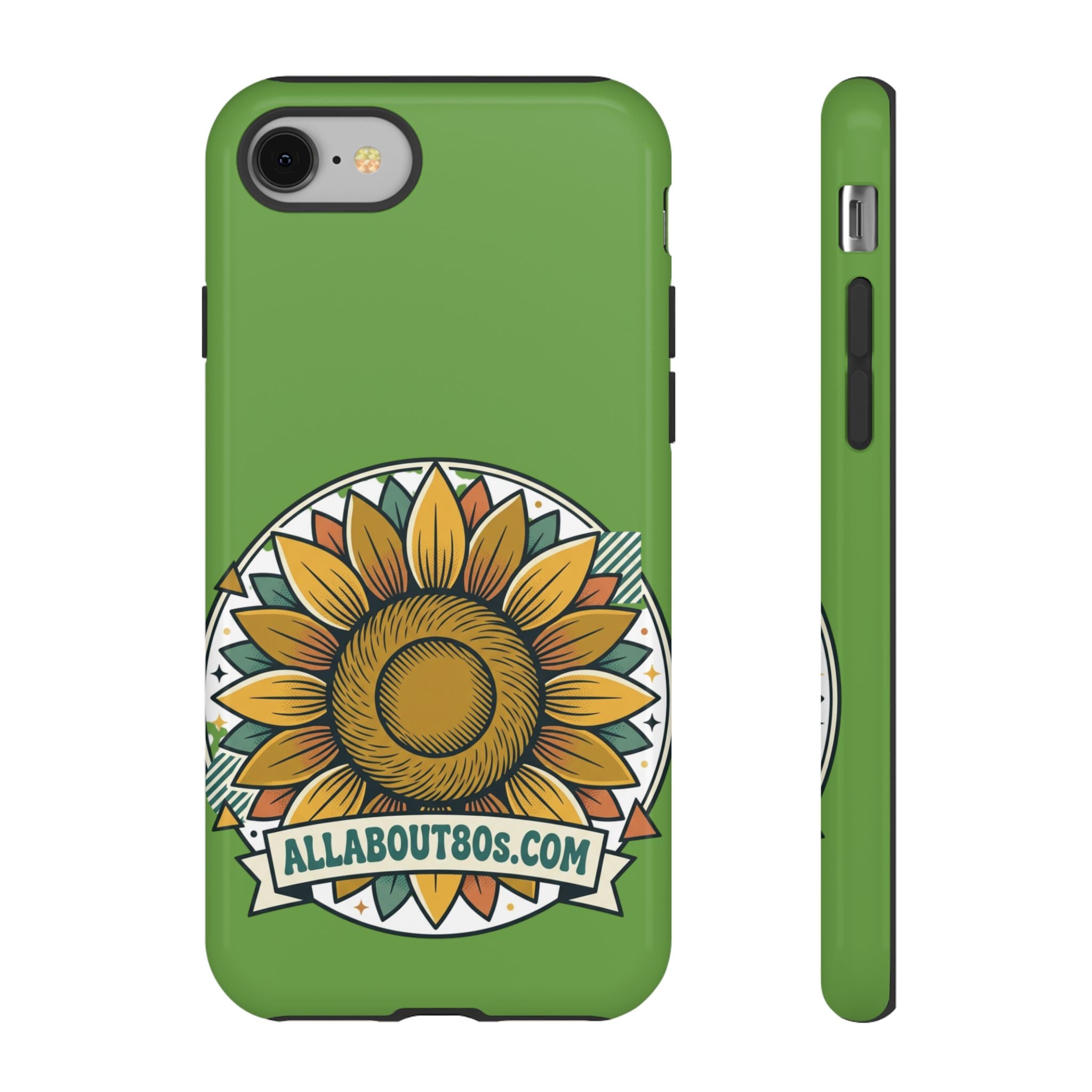 Sunflower Tough Phone Case – Green Floral Protective Case with "AllAbout80s.com" Banner