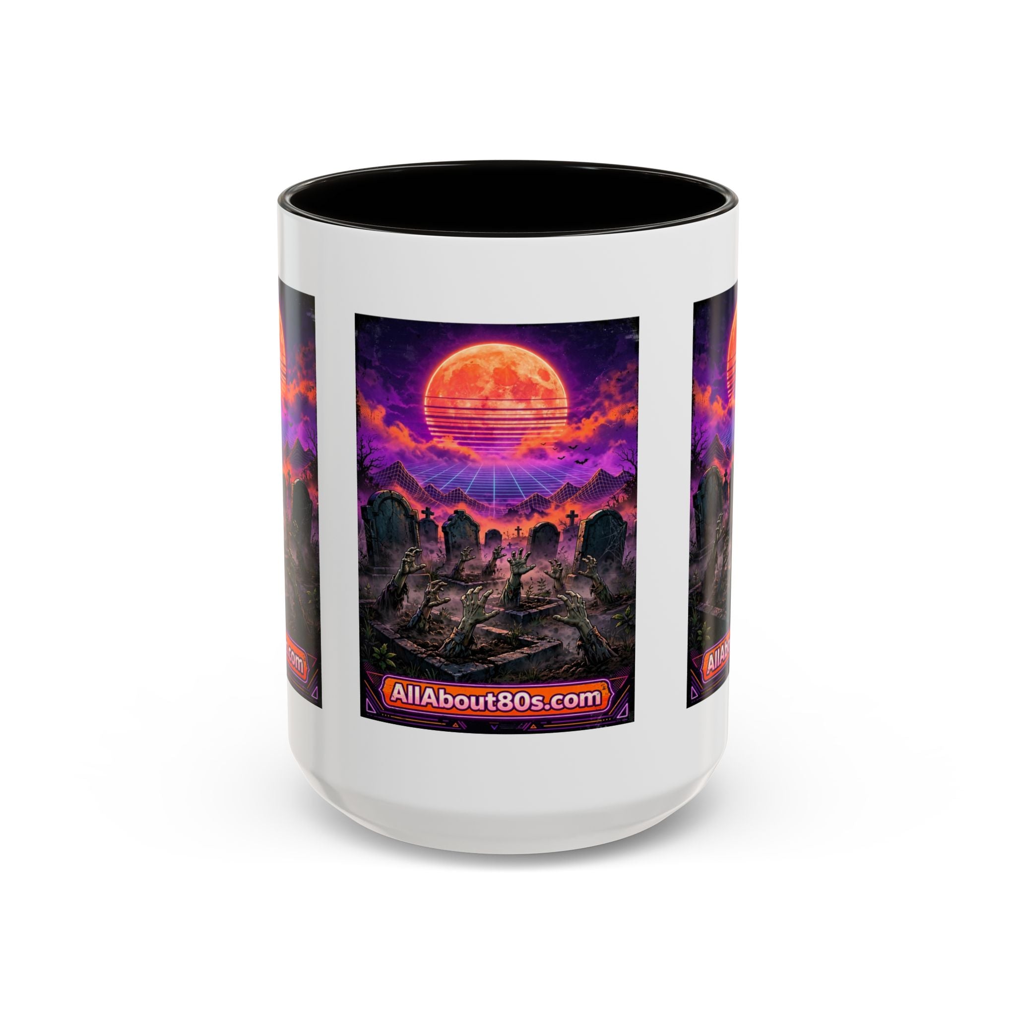 80s Retro Graveyard Sunset Mug — Vaporwave Neon Coffins Coffee Cup (11oz/15oz)