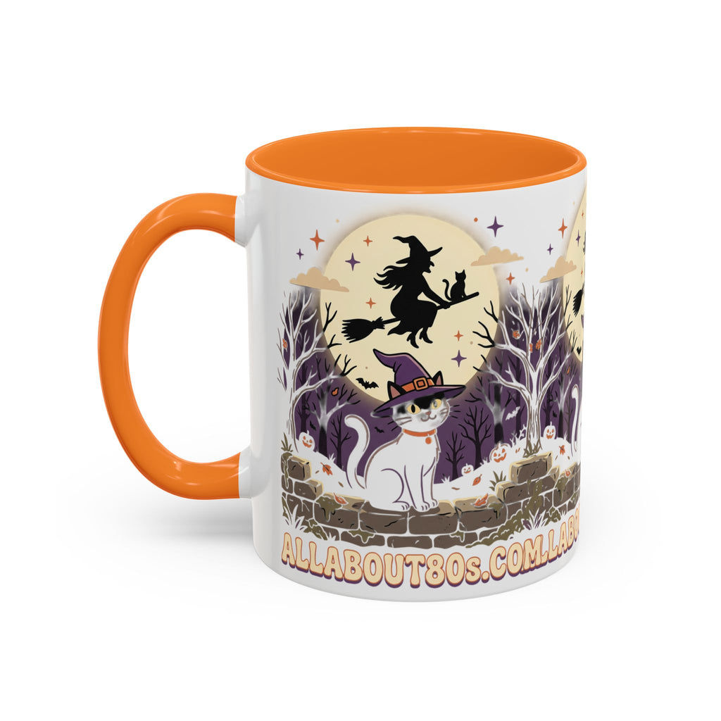 Halloween Cat Witch Mug – Cute Witch Hat Cat with Flying Witch Silhouette (11oz/15oz)