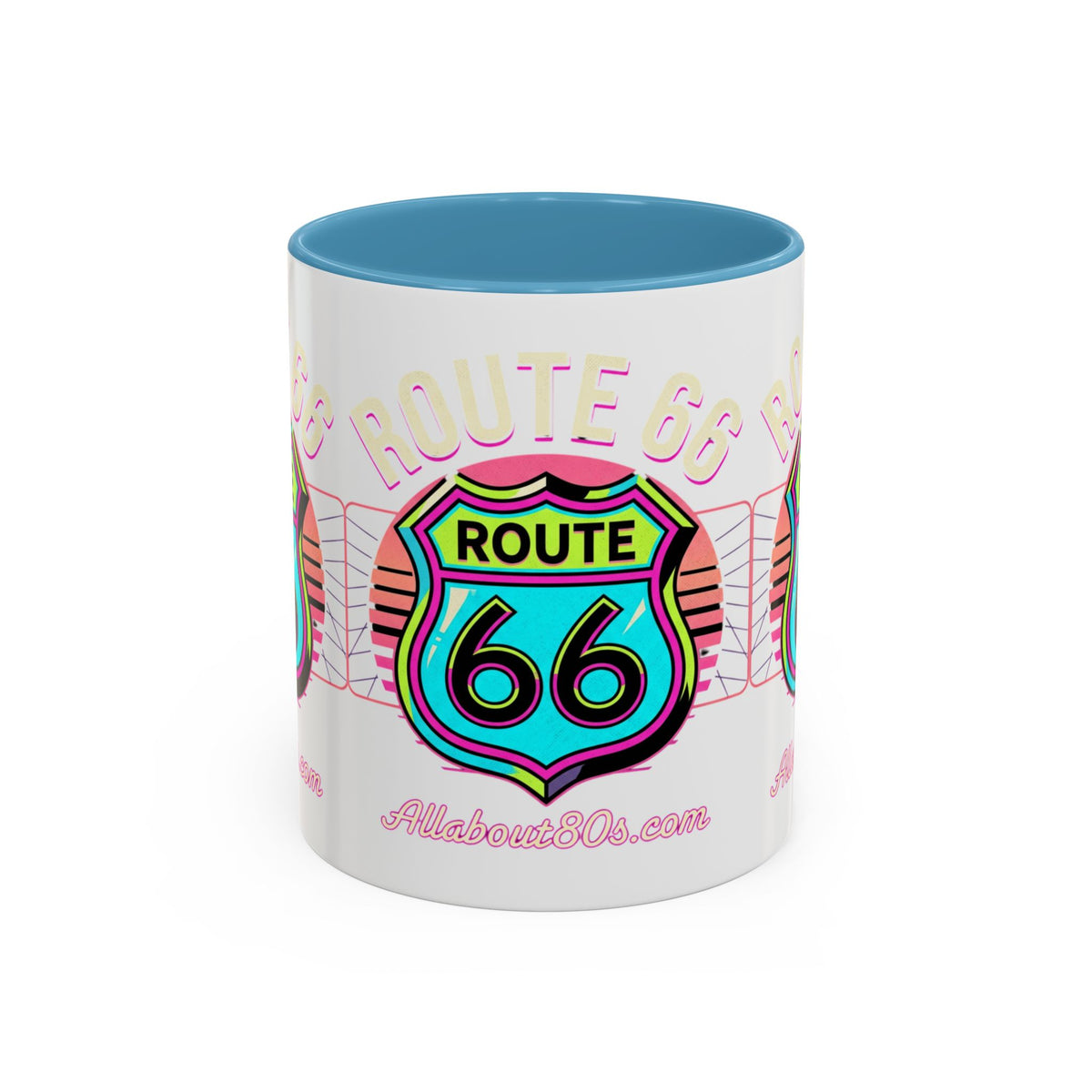 Route 66 Neon Shield Accent Coffee Mug — Retro Road Trip Travel Gift (11/15 oz)