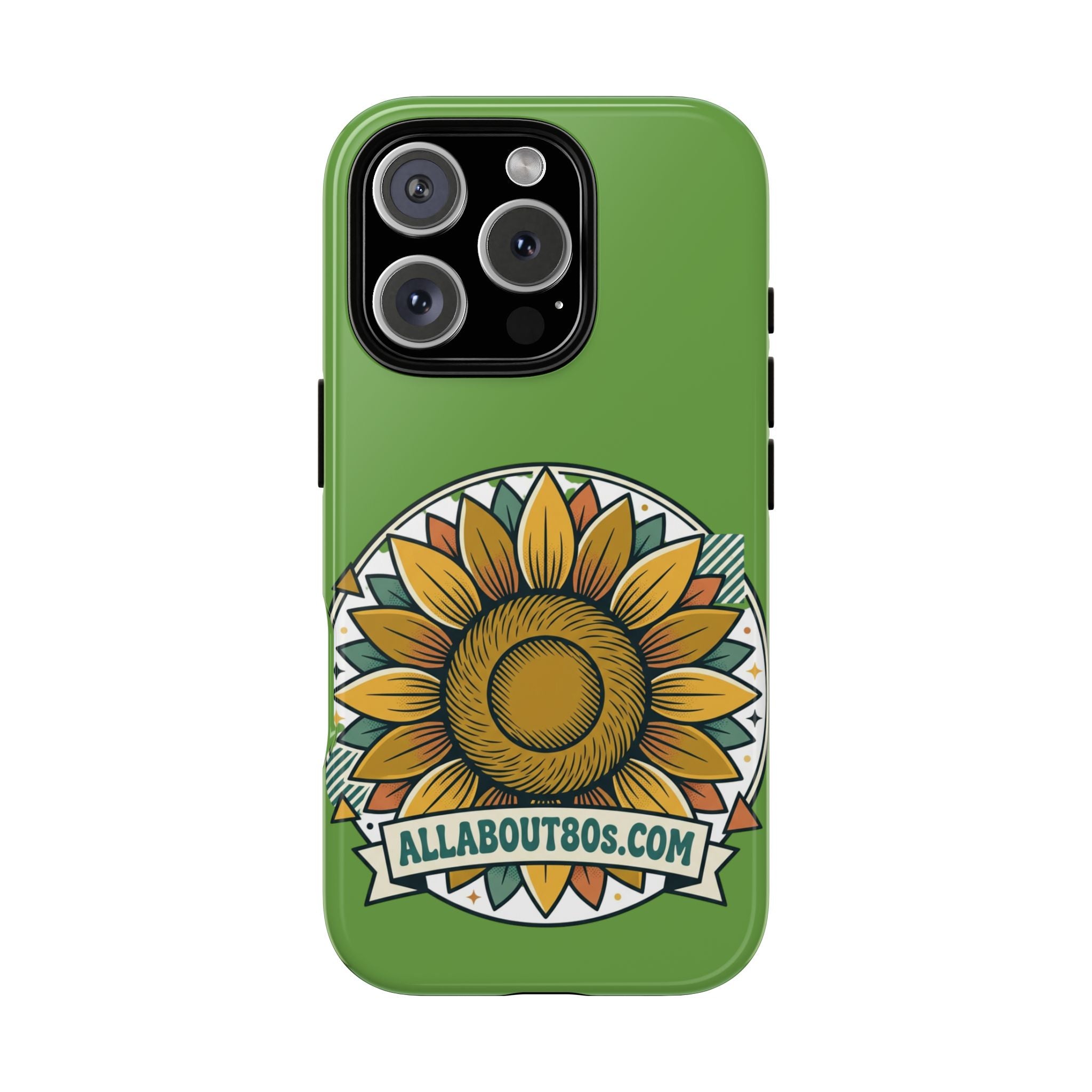Sunflower Tough Phone Case – Green Floral Protective Case with "AllAbout80s.com" Banner