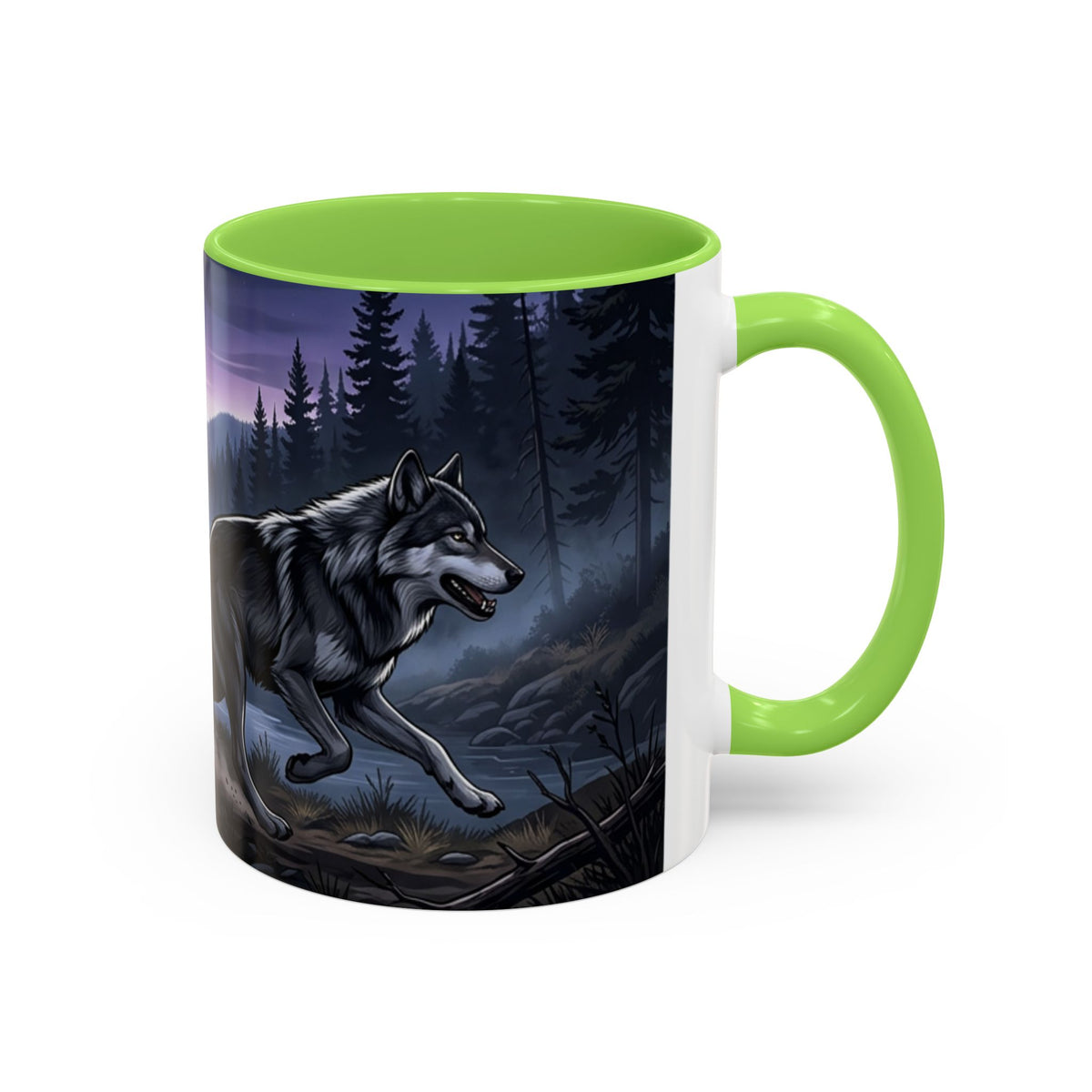 Wolf Pack Nightscape Mug — 11oz/15oz Scenic Black-Interior Coffee Cup