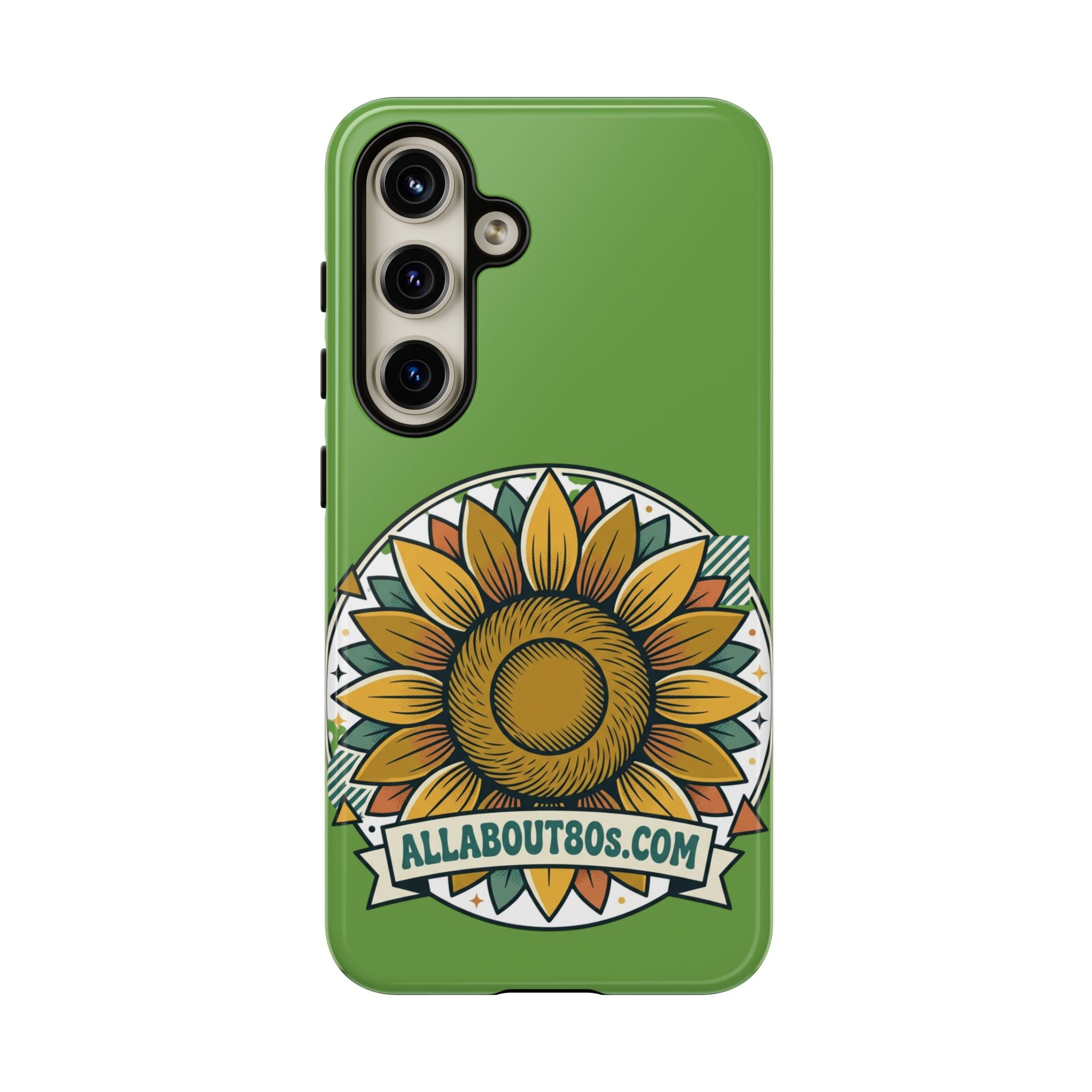 Sunflower Tough Phone Case – Green Floral Protective Case with "AllAbout80s.com" Banner