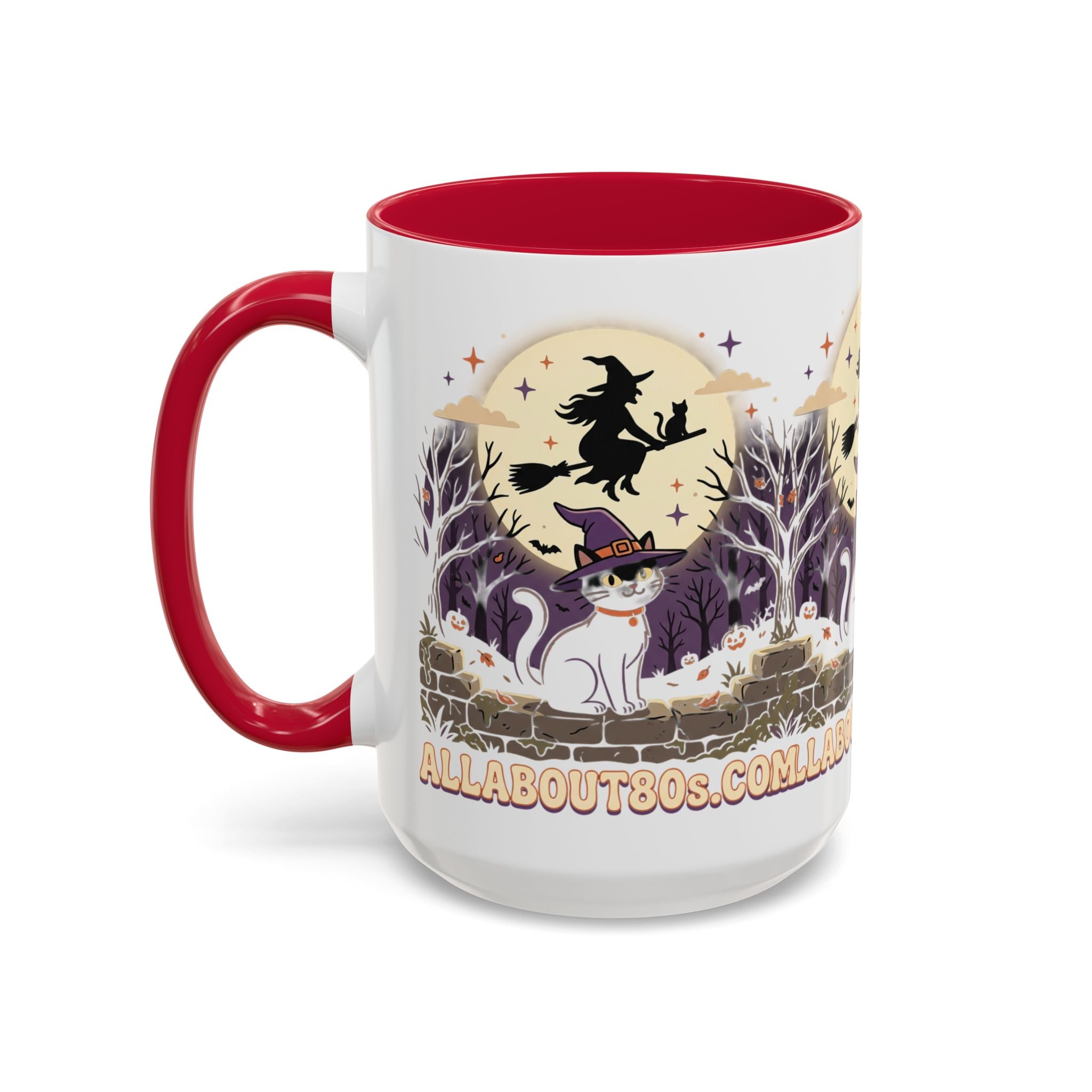 Halloween Cat Witch Mug – Cute Witch Hat Cat with Flying Witch Silhouette (11oz/15oz)