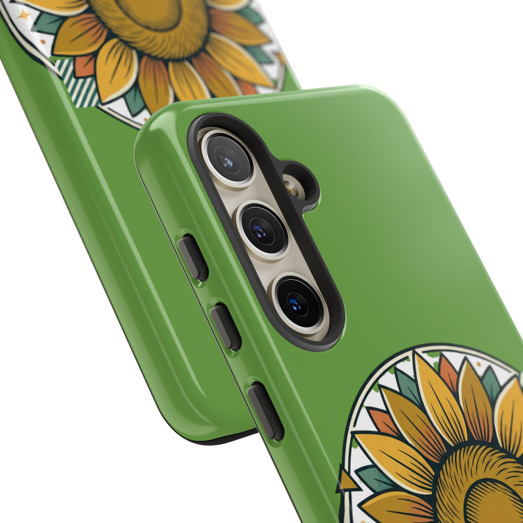Sunflower Tough Phone Case – Green Floral Protective Case with "AllAbout80s.com" Banner