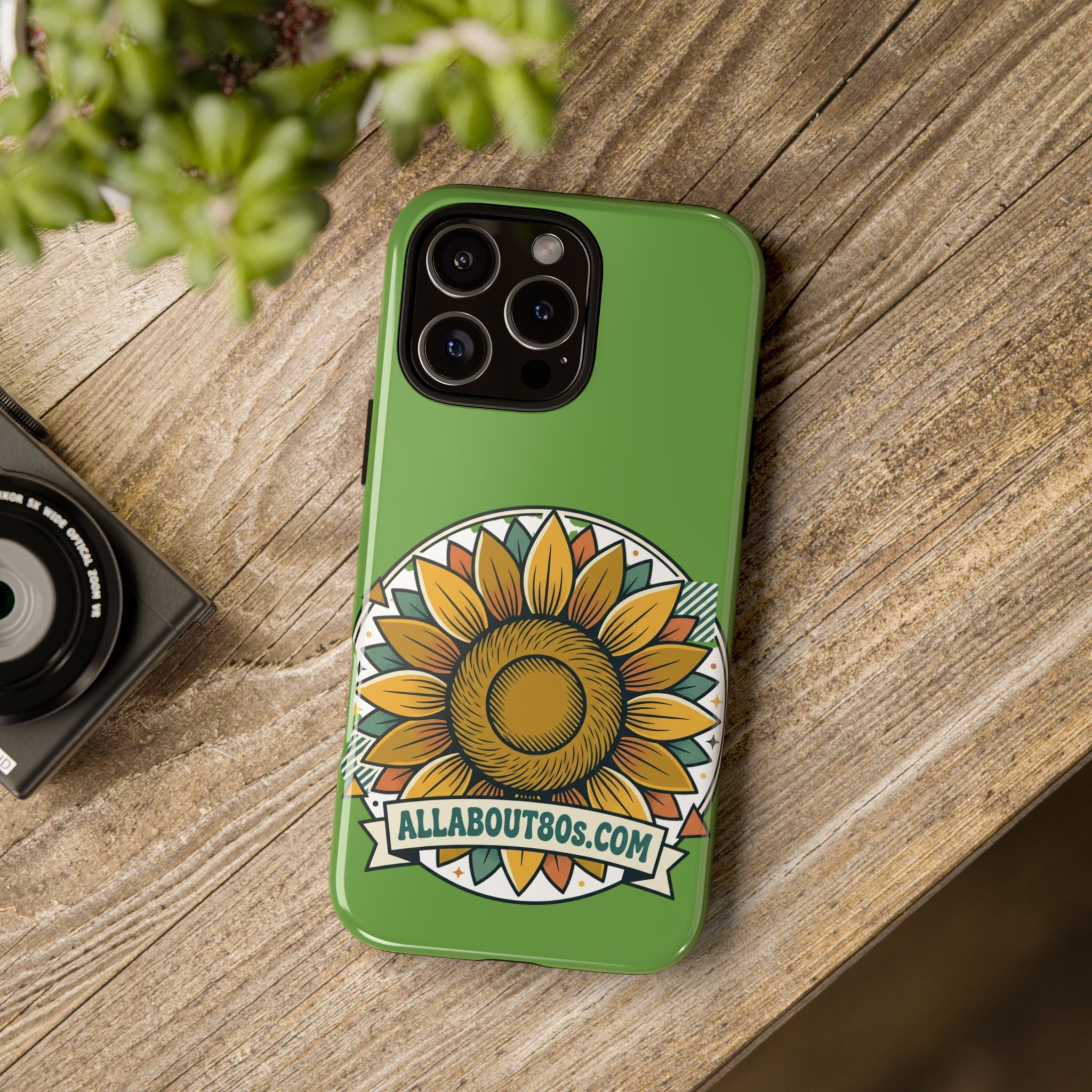 Sunflower Tough Phone Case – Green Floral Protective Case with "AllAbout80s.com" Banner