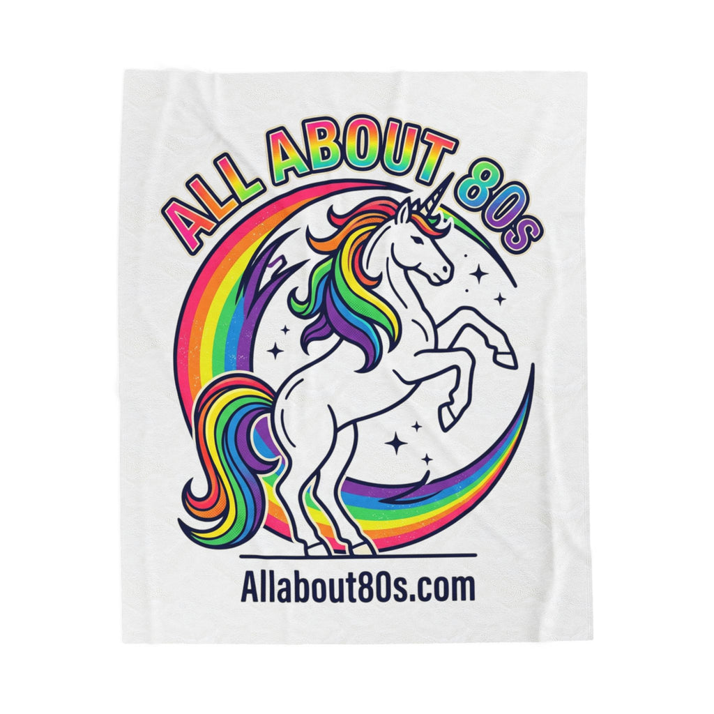 All About 80s Rainbow Unicorn Velveteen Plush Blanket – Retro 80s Nostalgia Throw