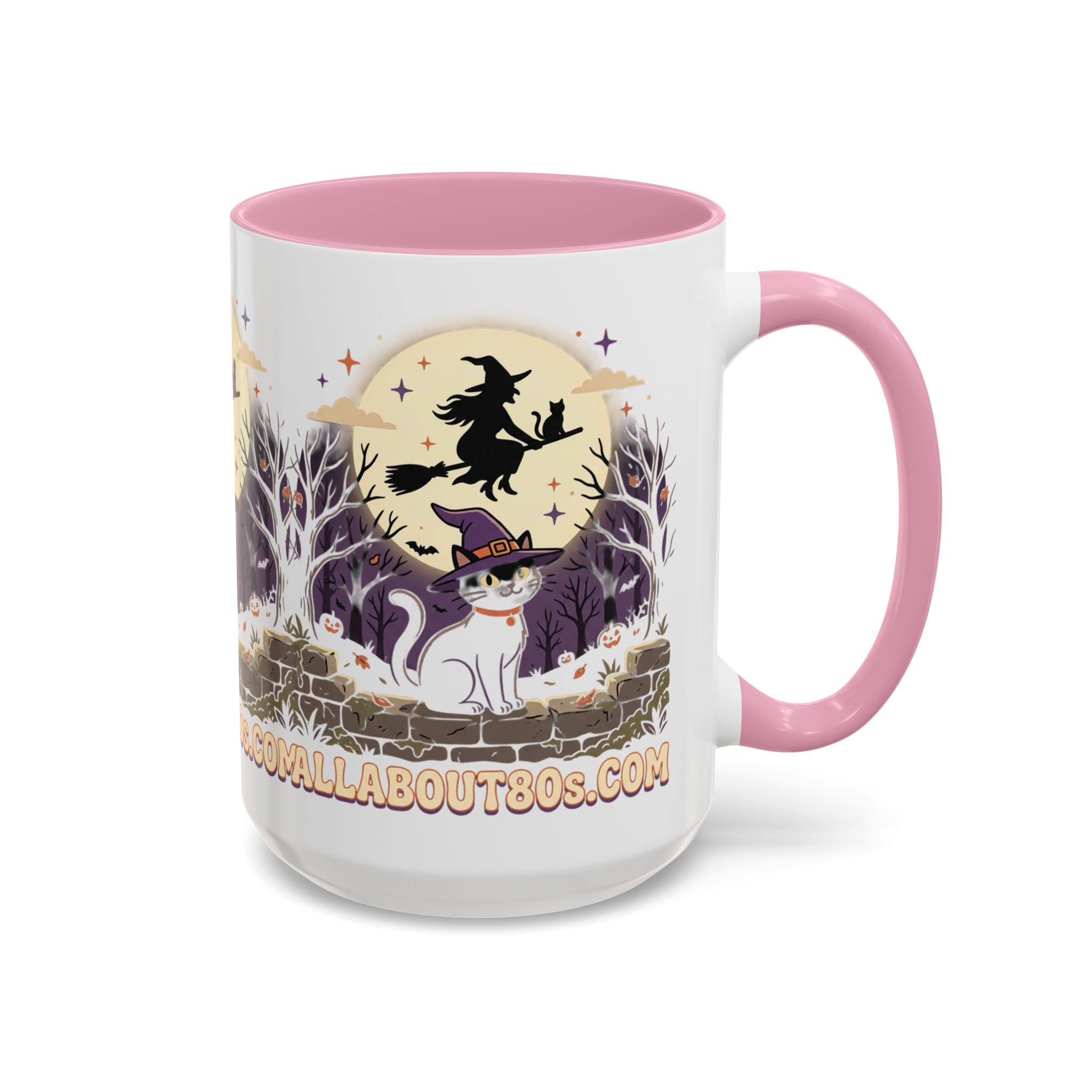 Halloween Cat Witch Mug – Cute Witch Hat Cat with Flying Witch Silhouette (11oz/15oz)