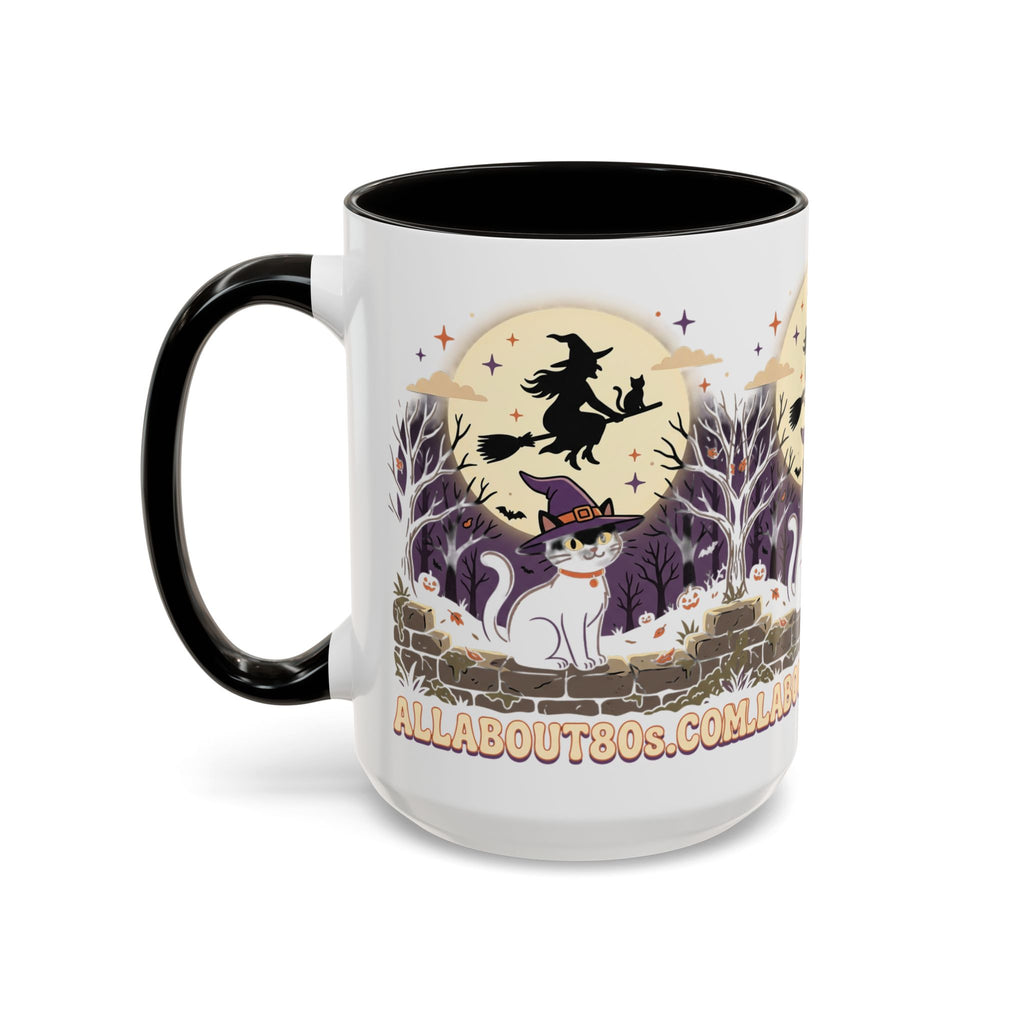 Halloween Cat Witch Mug – Cute Witch Hat Cat with Flying Witch Silhouette (11oz/15oz)