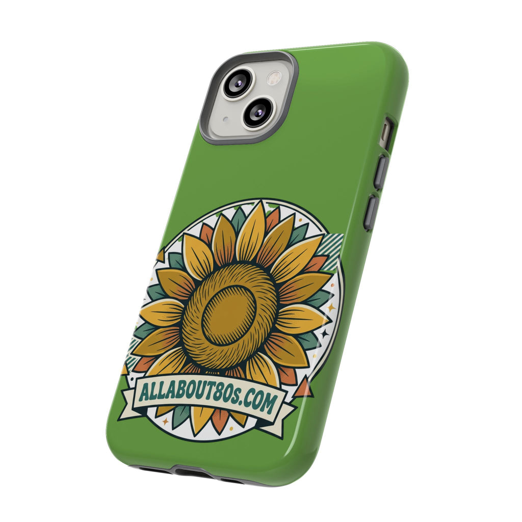 Sunflower Tough Phone Case – Green Floral Protective Case with "AllAbout80s.com" Banner