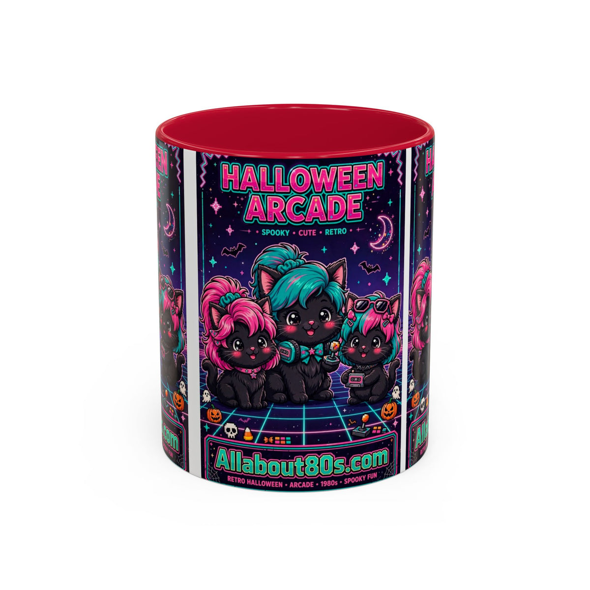 Halloween Arcade Mug — Cute Retro 80s Cat Gamers (11oz/15oz)