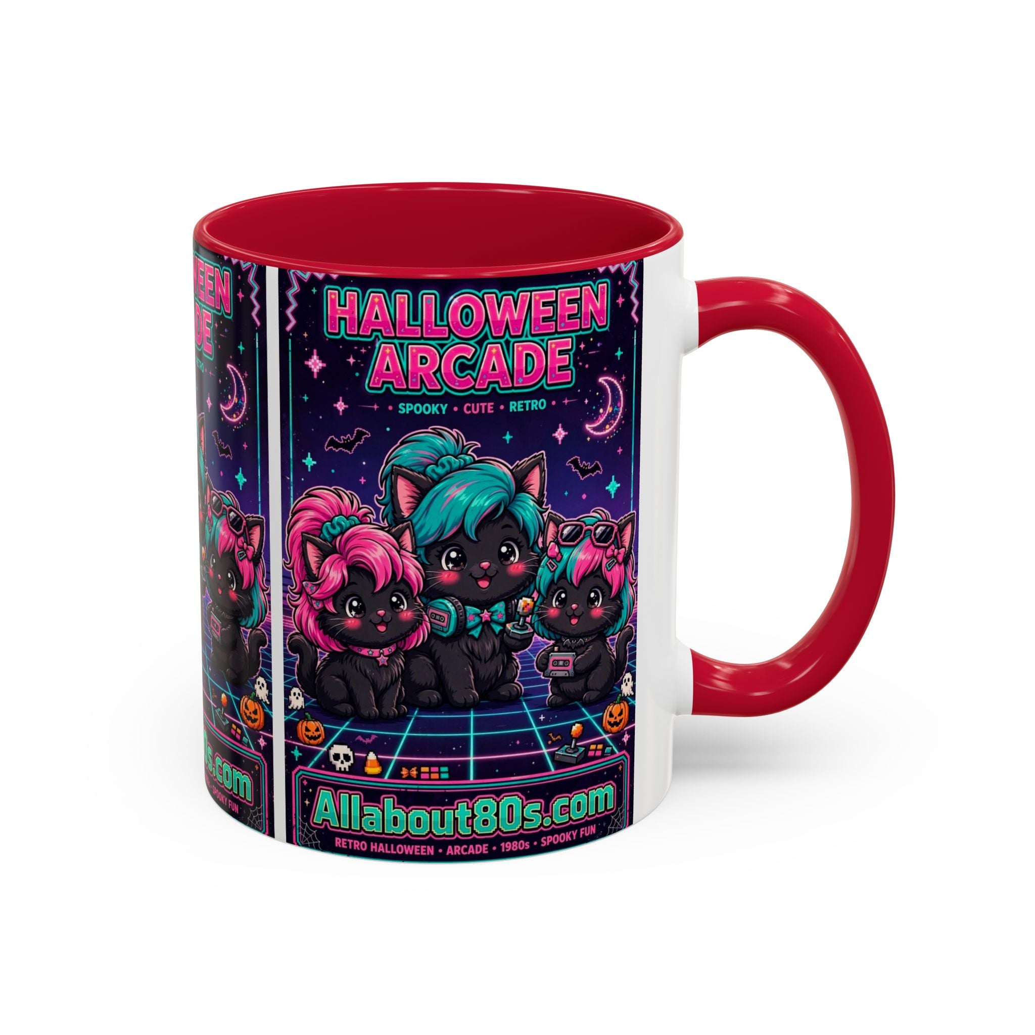 Halloween Arcade Mug — Cute Retro 80s Cat Gamers (11oz/15oz)