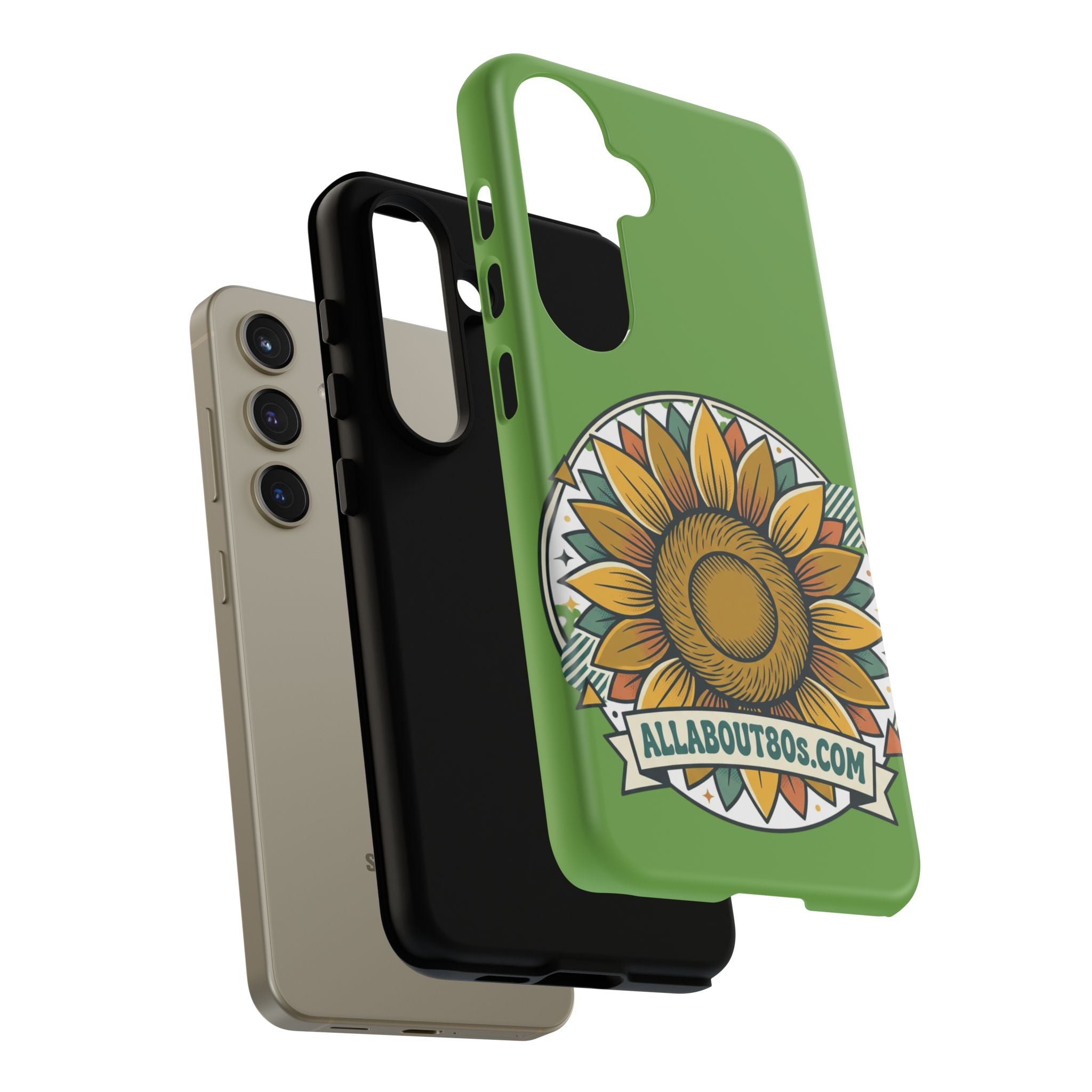 Sunflower Tough Phone Case – Green Floral Protective Case with "AllAbout80s.com" Banner