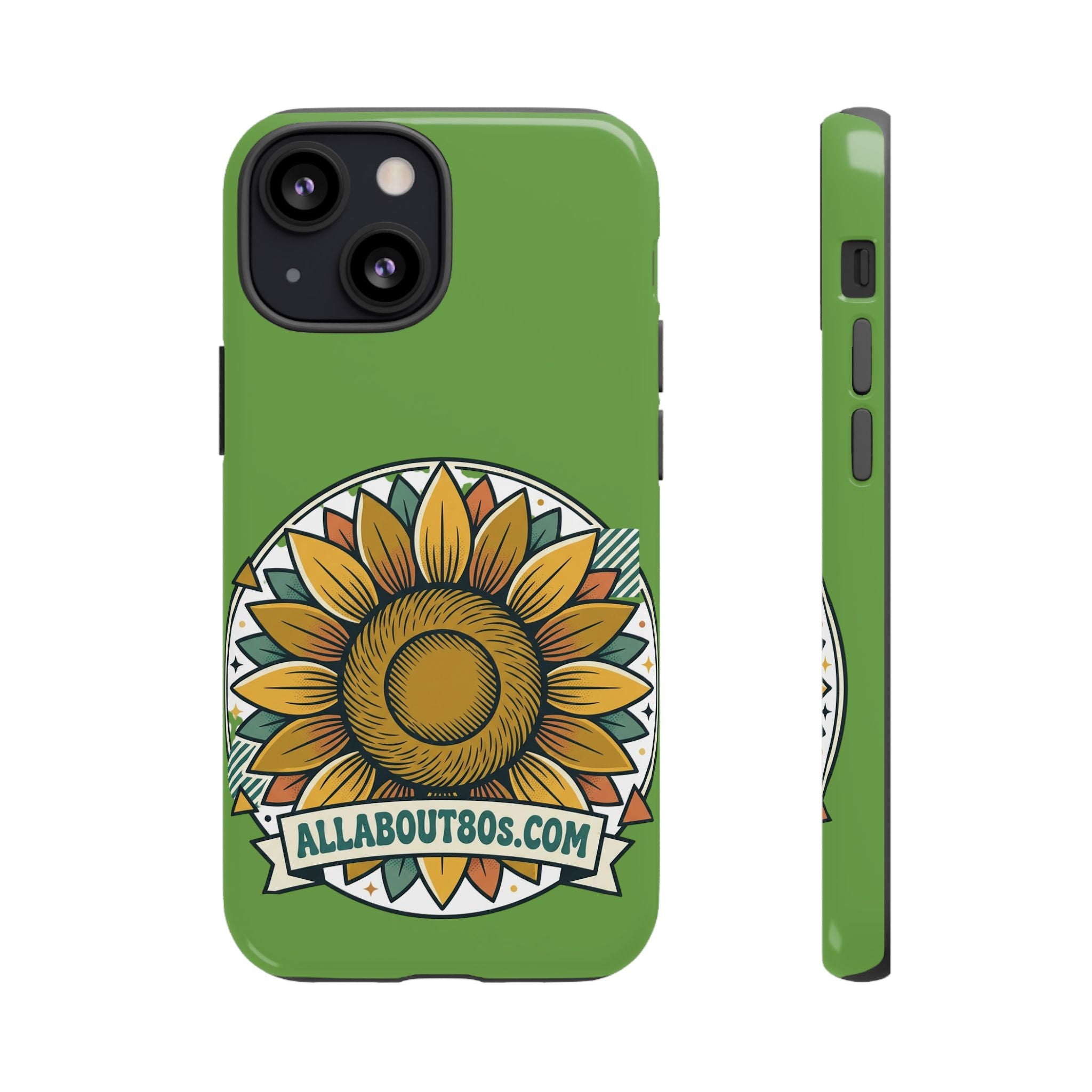 Sunflower Tough Phone Case – Green Floral Protective Case with "AllAbout80s.com" Banner