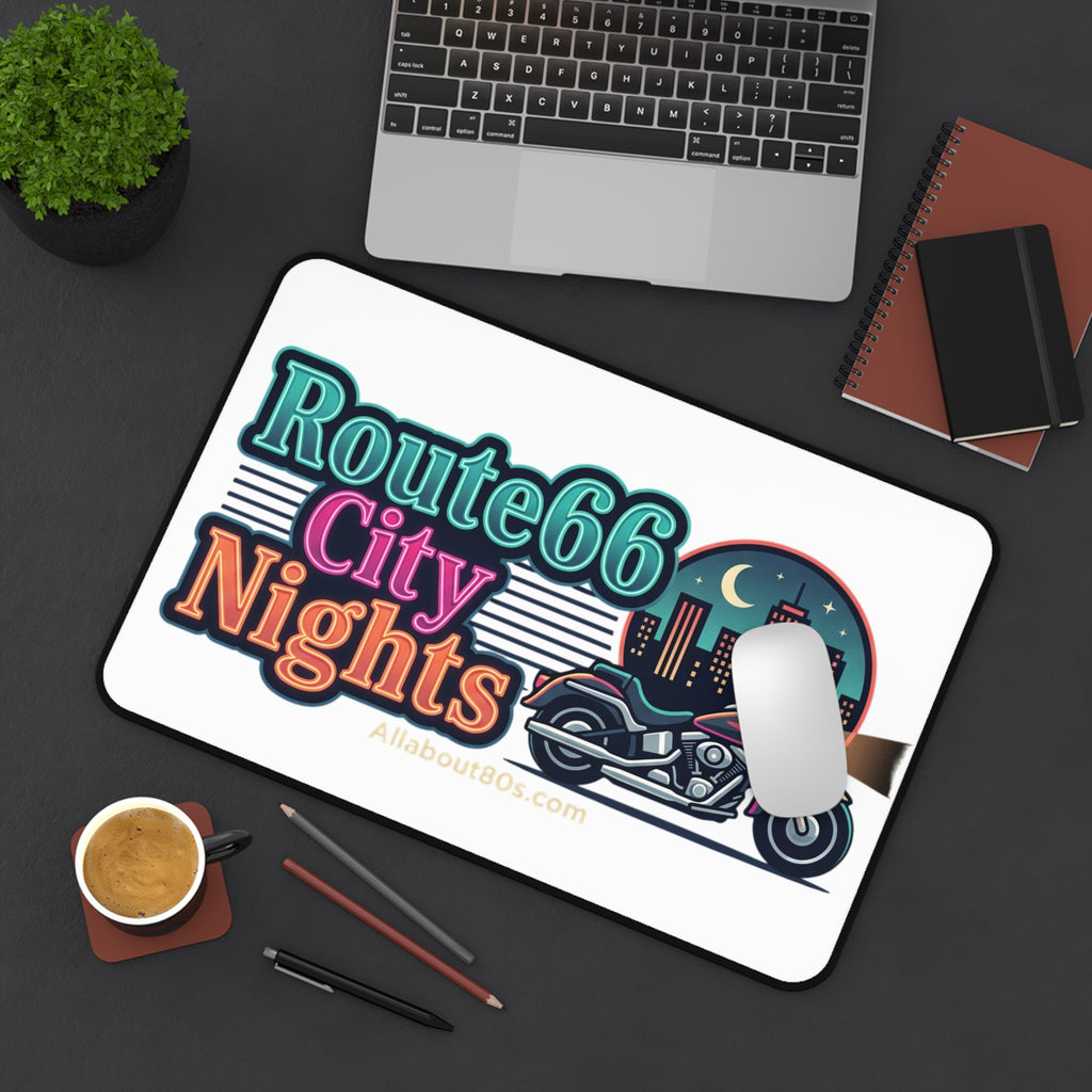 Route 66 City Nights Desk Mat — Retro Motorcycle Night Ride Mouse Pad
