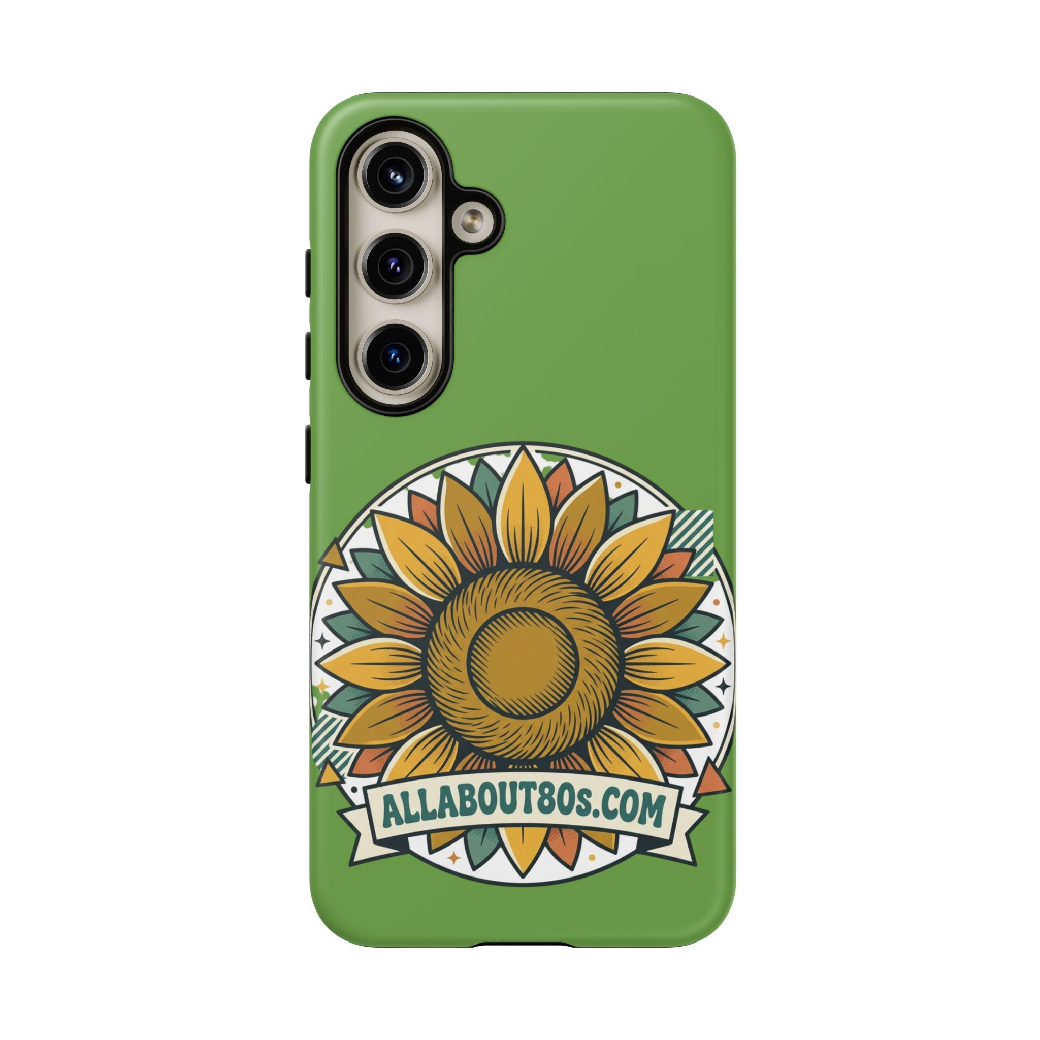 Sunflower Tough Phone Case – Green Floral Protective Case with "AllAbout80s.com" Banner
