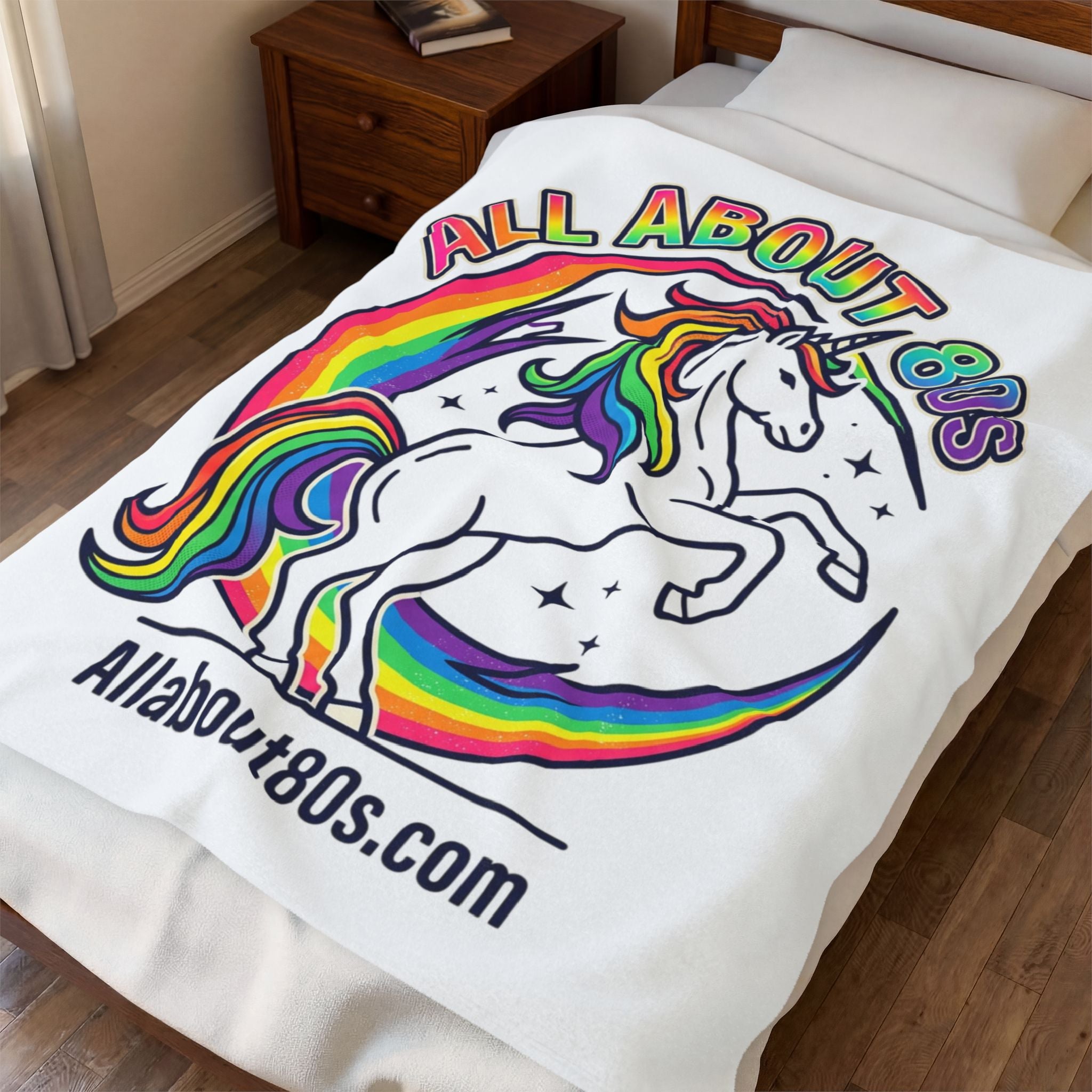 All About 80s Rainbow Unicorn Velveteen Plush Blanket – Retro 80s Nostalgia Throw