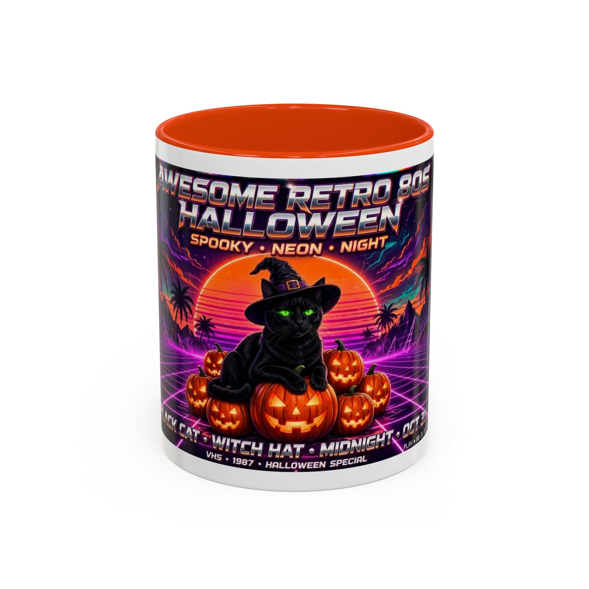 Halloween Retro Cat Mug — Neon 80s Spooky Pumpkin Coffee Cup (11oz/15oz)