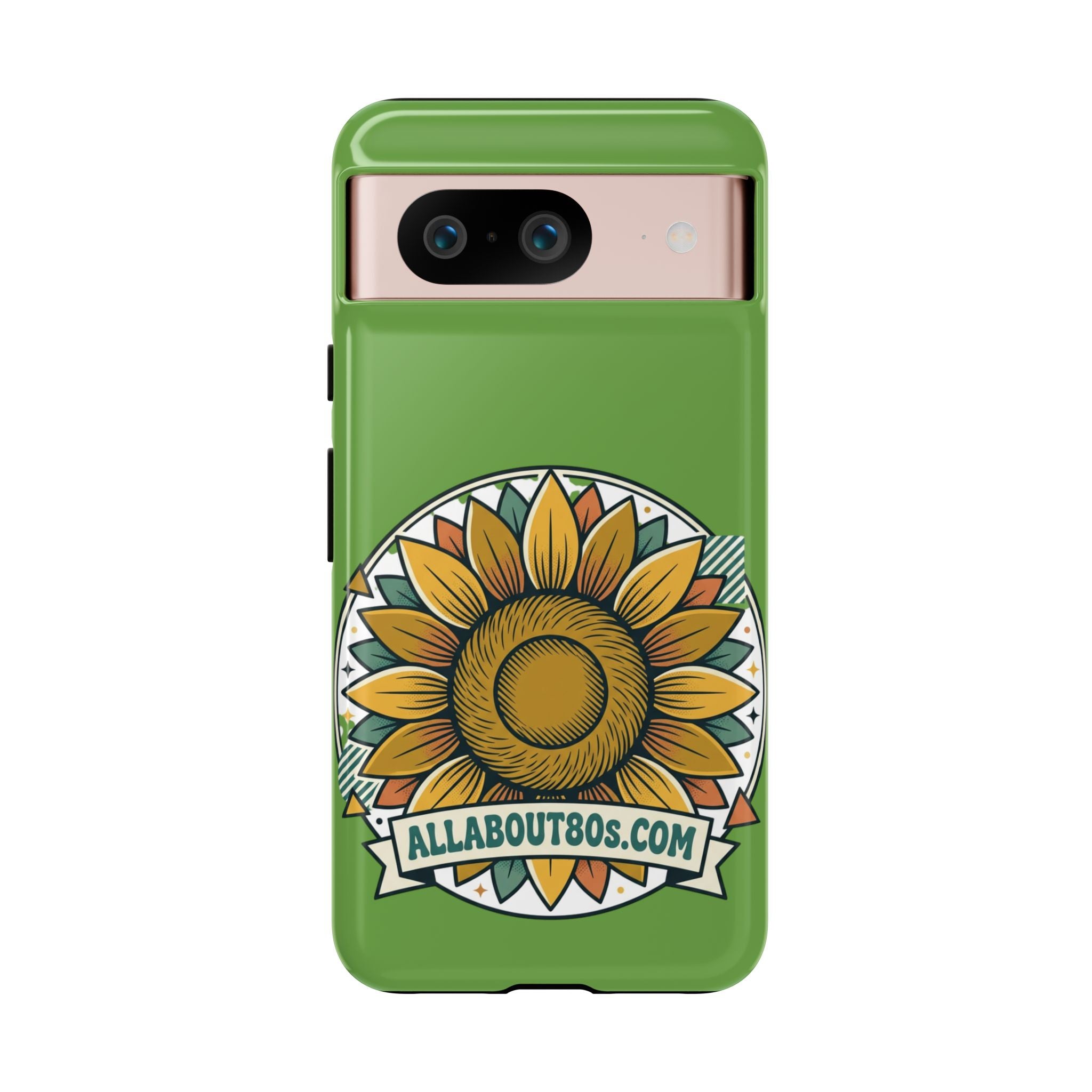 Sunflower Tough Phone Case – Green Floral Protective Case with "AllAbout80s.com" Banner