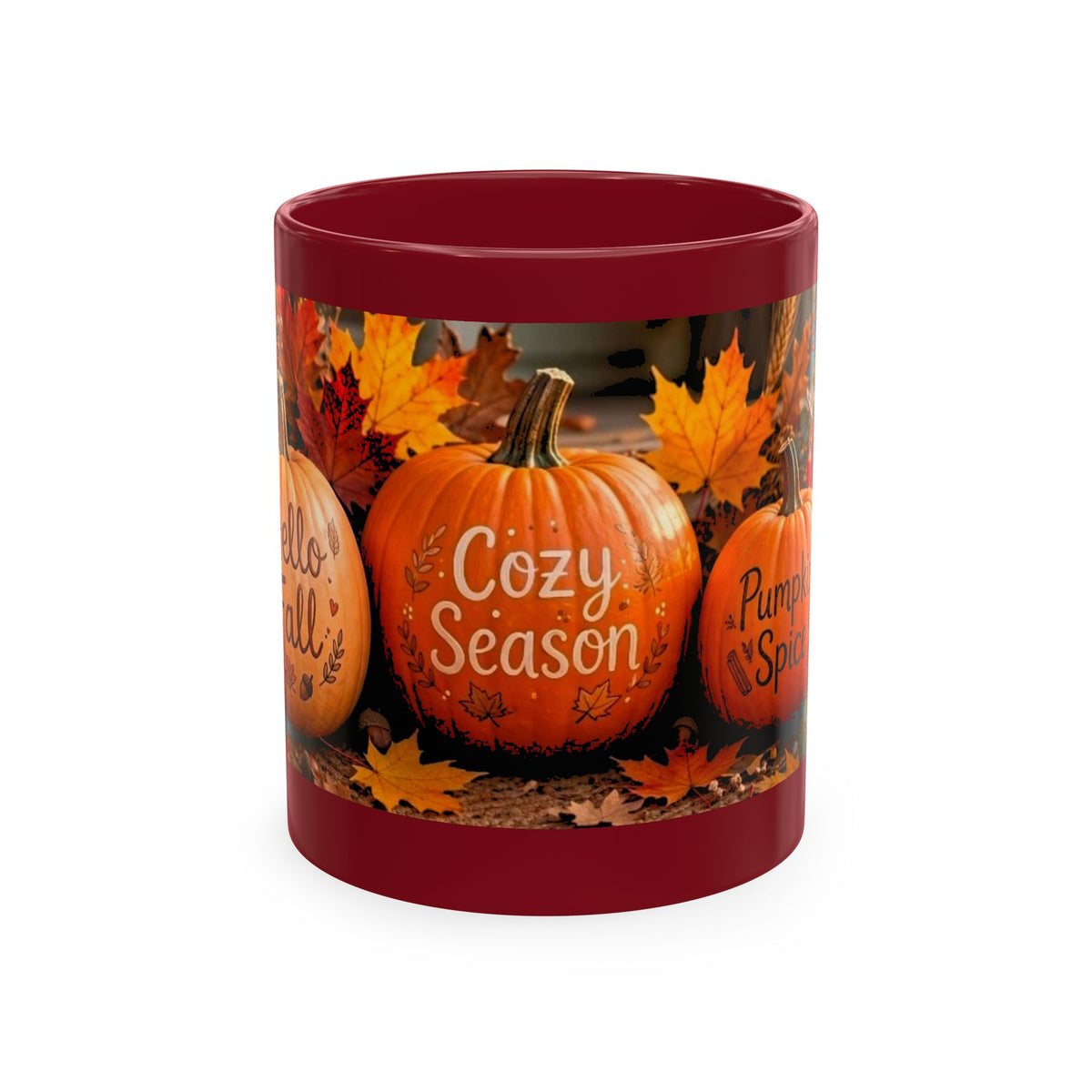Hello Fall Ceramic Mug — Cozy Pumpkin & Autumn Leaves Coffee Cup